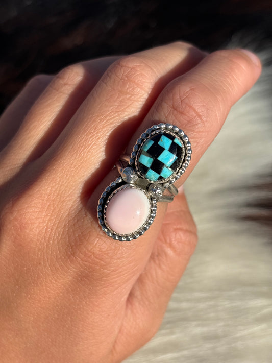 Native American, Hand-Made, Pink Conch, Checkerboard, & Sterling Silver Ring