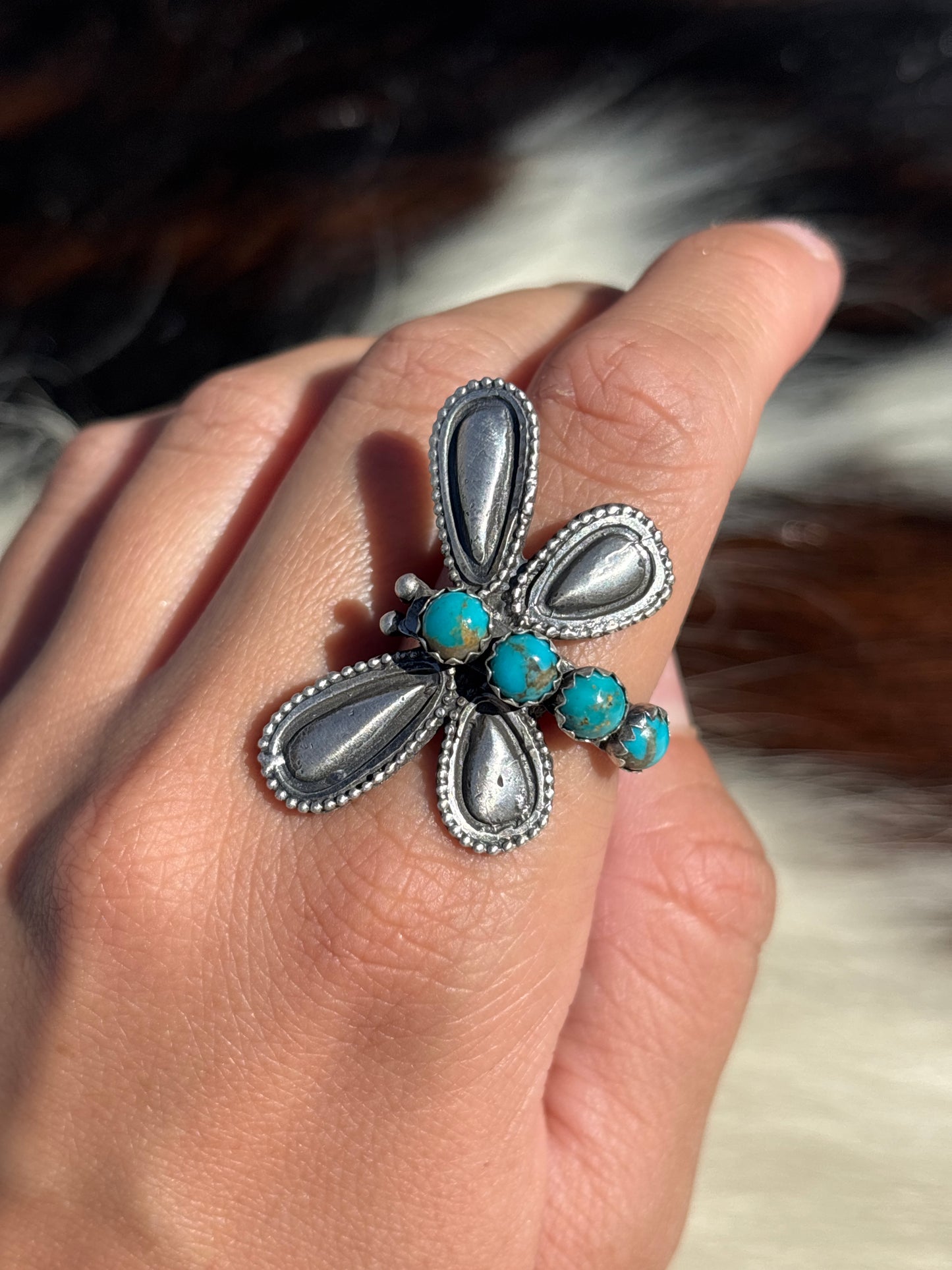 Native American, Hand-Made, Turquoise & Sterling Silver Dragonfly Adjustable Ring