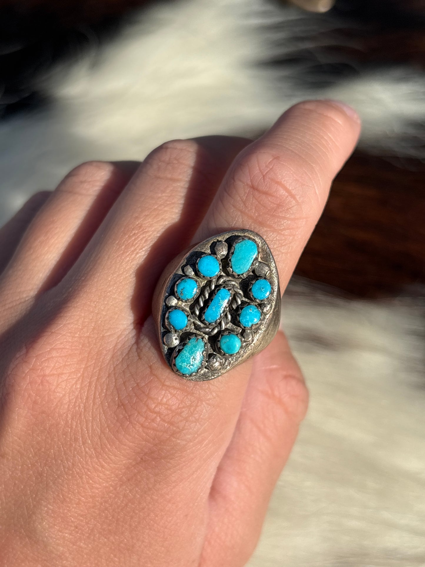 Mens Vintage Native American, Hand-Made, Turquoise & Sterling Silver Ring