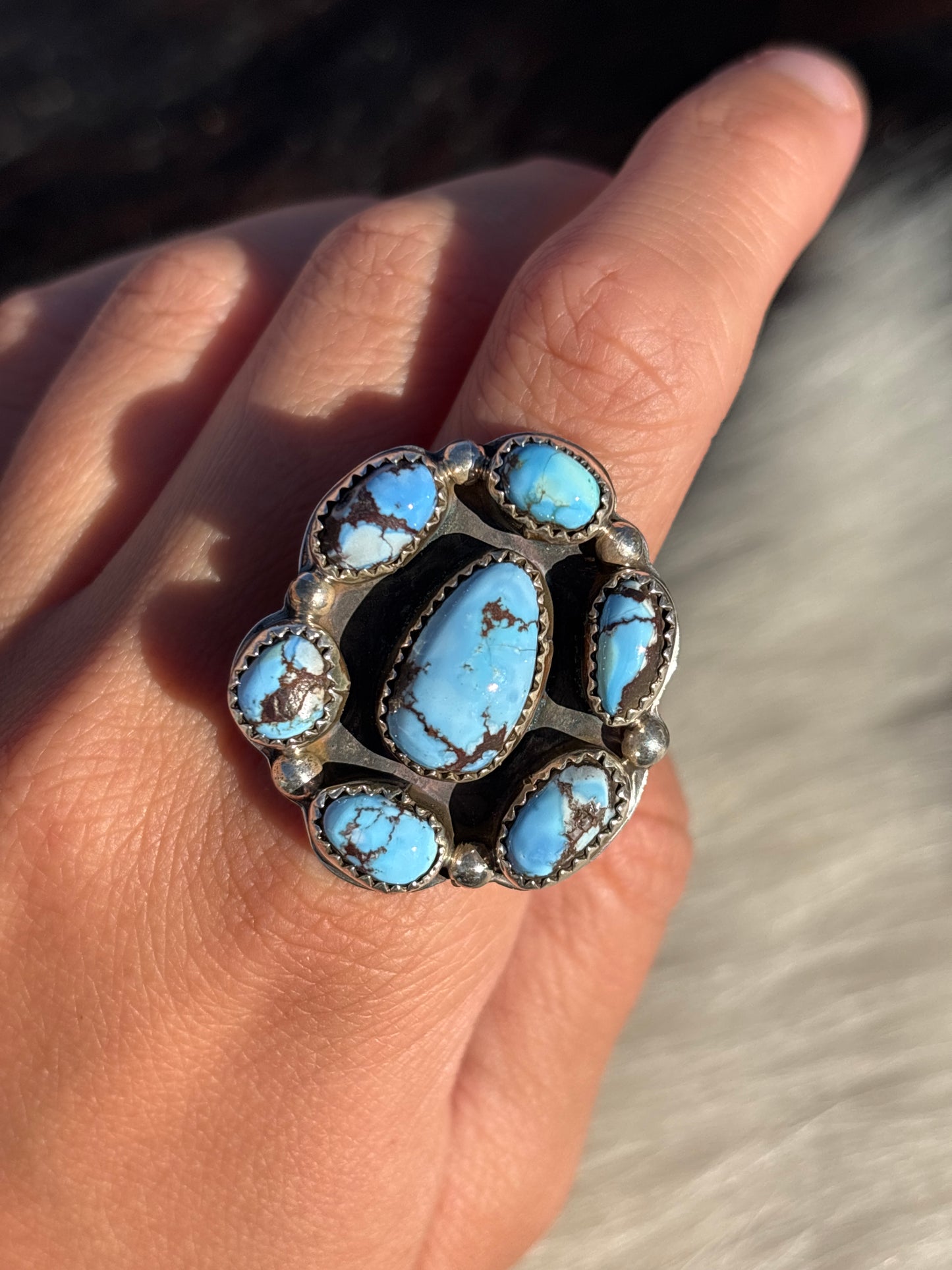 Native American, Hand-Made, Golden Hills Turquoise & Sterling Silver Cluster Ring