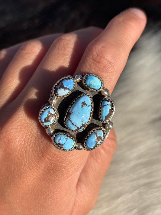 Native American, Hand-Made, Golden Hills Turquoise & Sterling Silver Cluster Ring