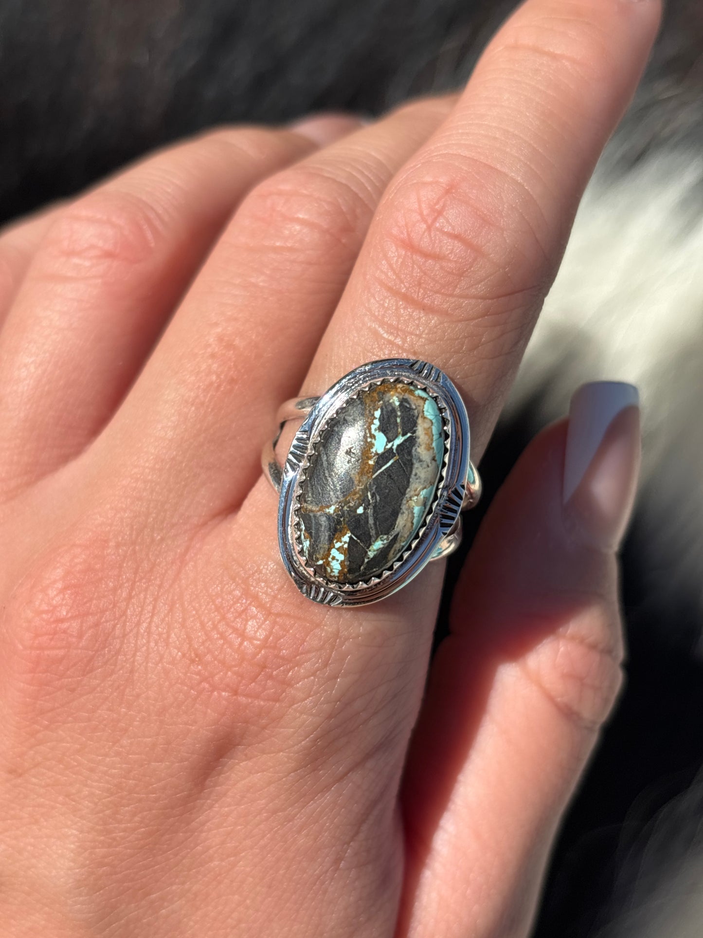 Native American, Hand-Made, Blackjack Turquoise & Sterling Silver Ring