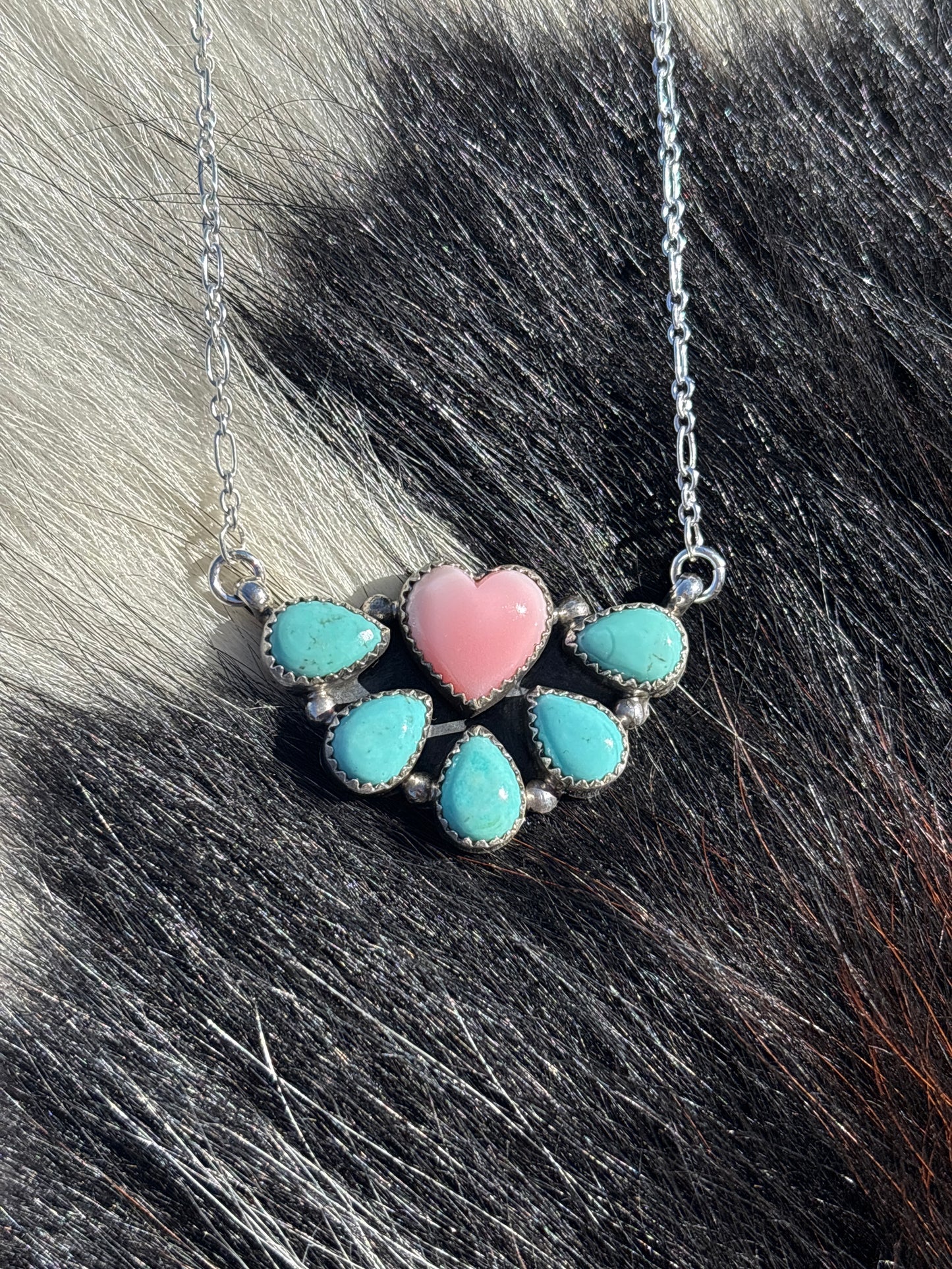 Native American, Hand-Made, Pink Conch, Turquoise & Sterling Silver Necklace