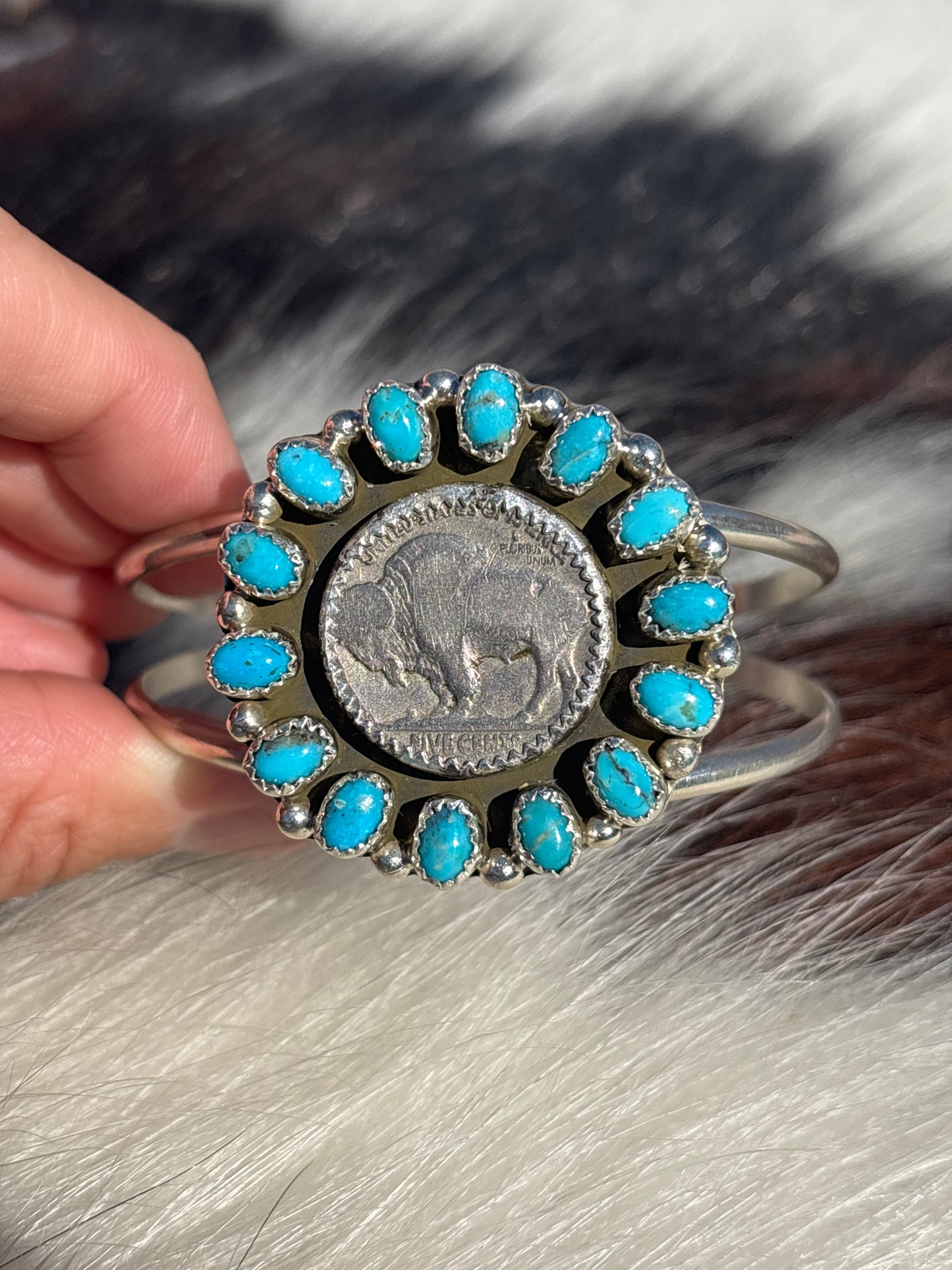 Native American, Handmade, Turquoise, Buffalo Nickel & Sterling Silver Cuff