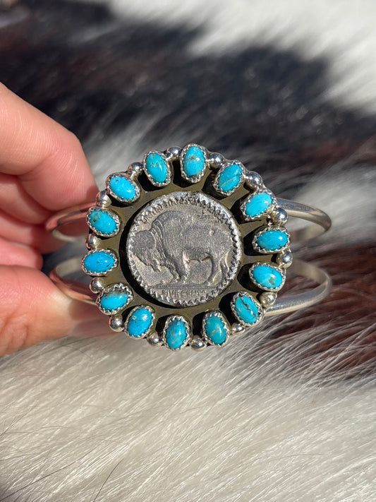 Native American, Handmade, Turquoise, Buffalo Nickel & Sterling Silver Cuff