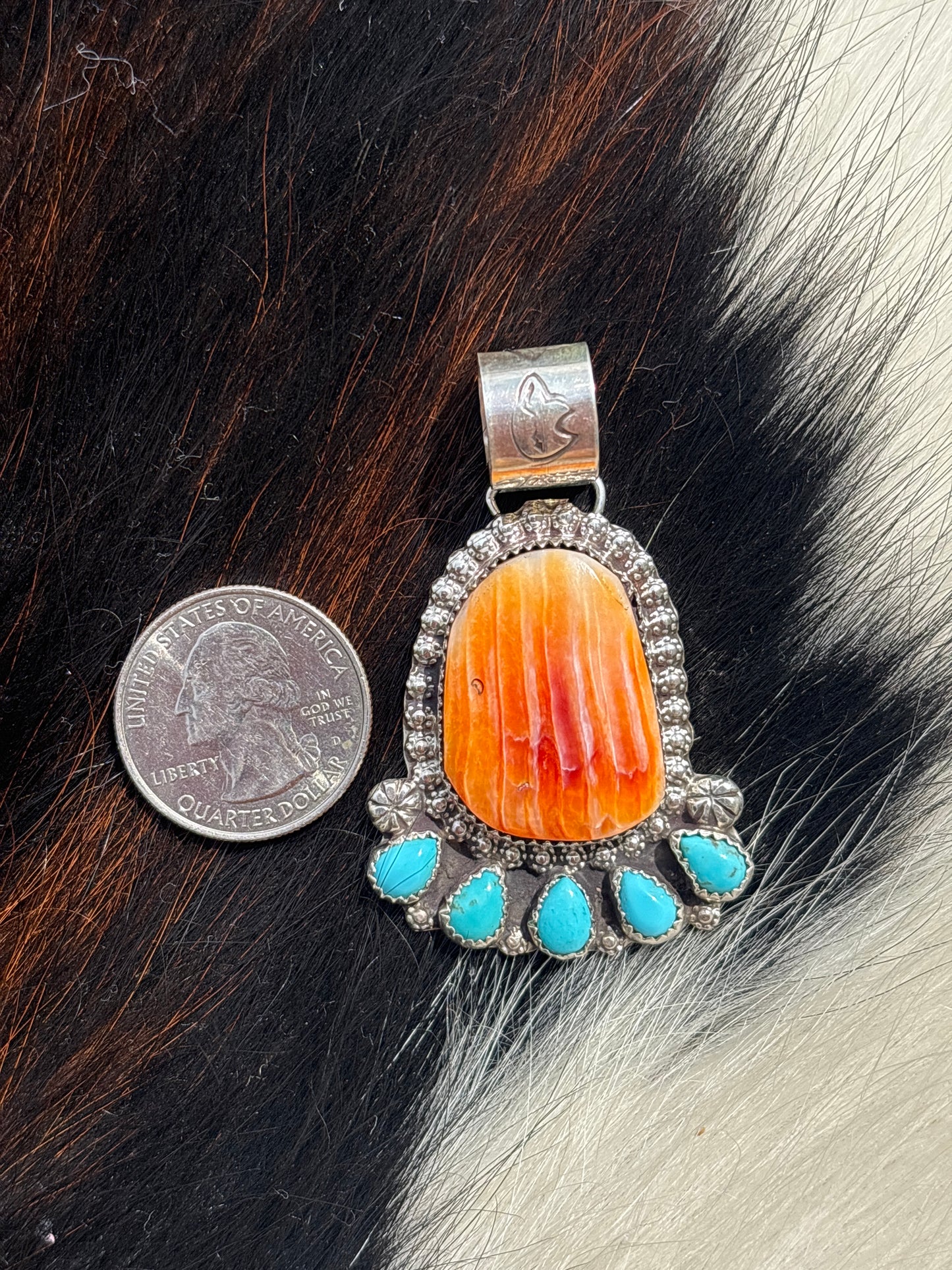 Native American, Hand-Made, Spiny Oyster, Turquoise & Sterling Silver Pendant