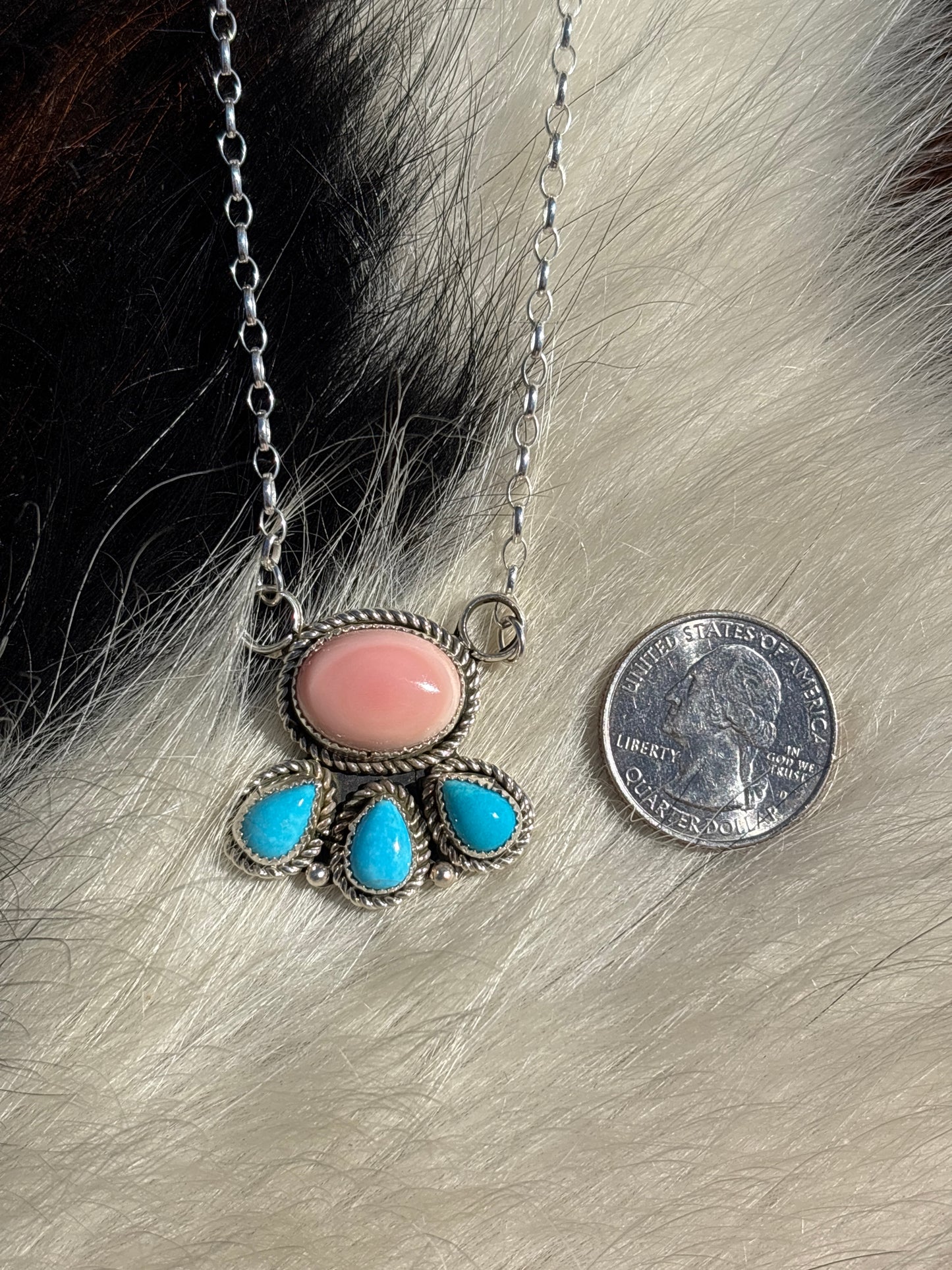Native American, Hand-Made, Turquoise, Pink Conch & Sterling Silver Necklace