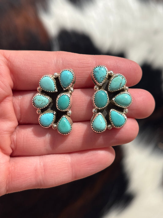 Native Made, Turquoise & Sterling Silver Cluster Earrings