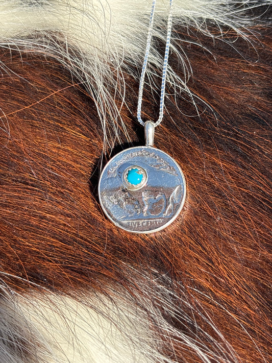 Native American, Hand-Made, Buffalo Nickel, Turquoise & Sterling Silver Necklace