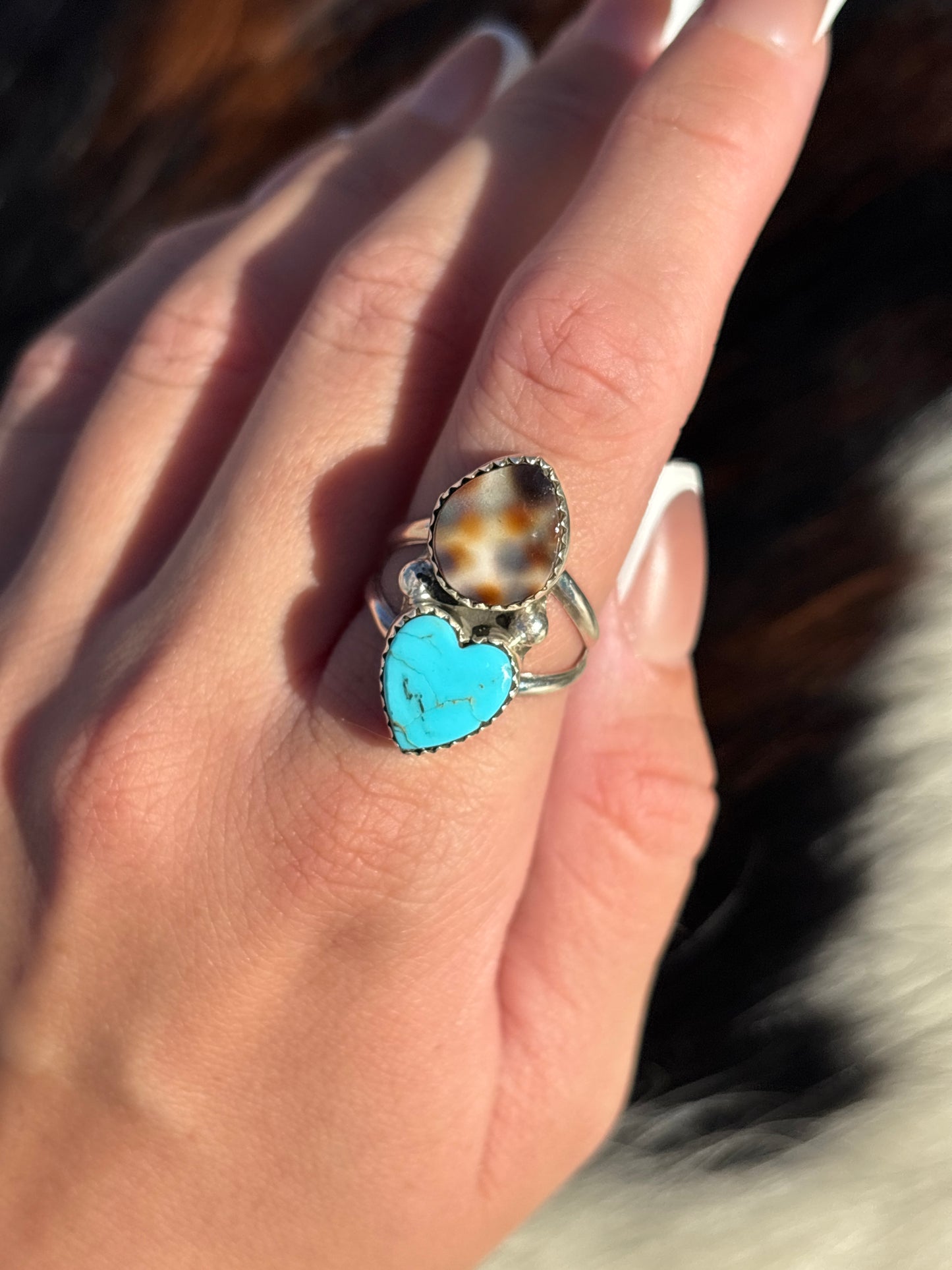 Native American, Hand-Made, Turquoise, Cowrie & Sterling Silver  Ring