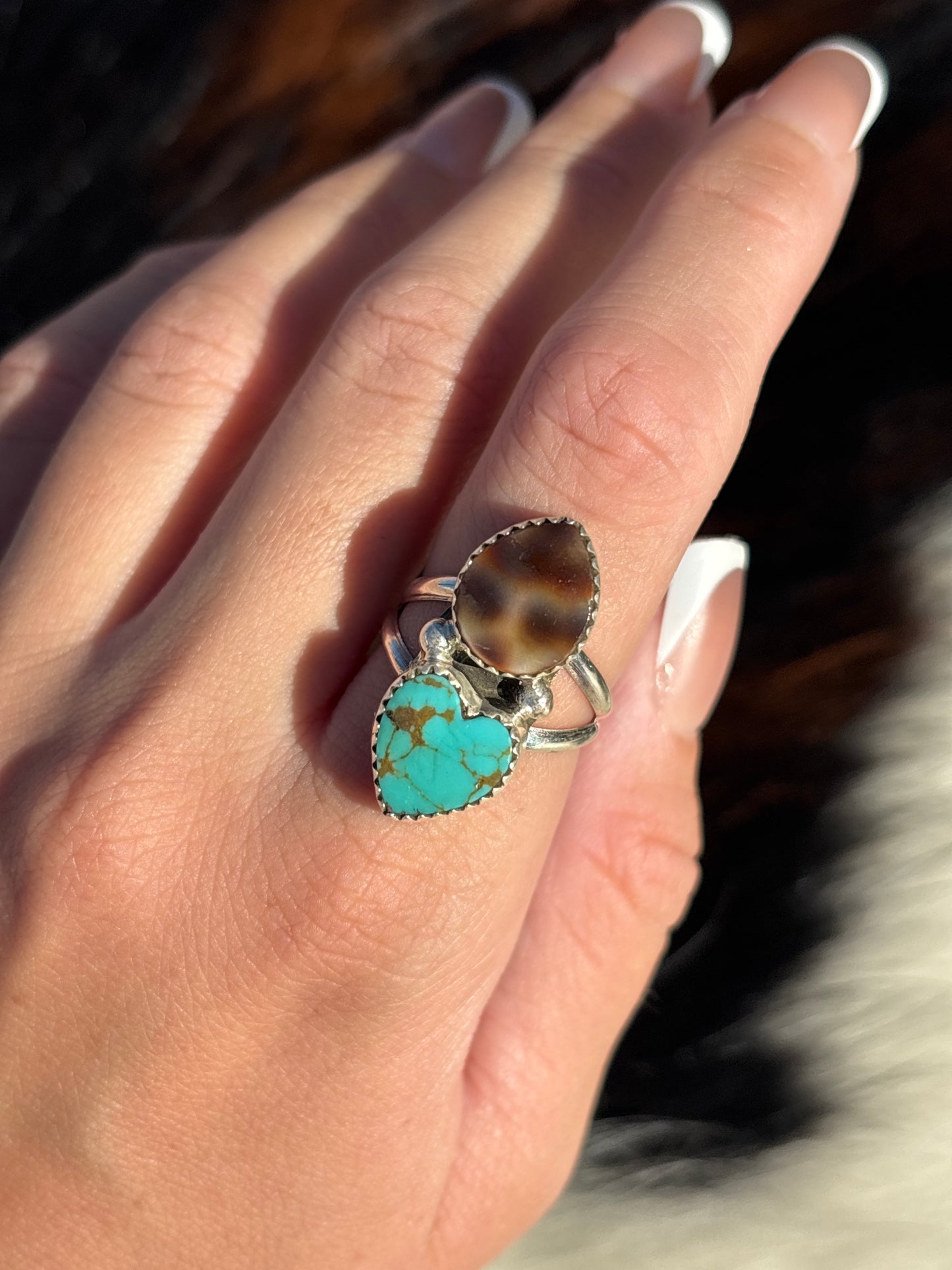 Native American, Hand-Made, Turquoise, Cowrie & Sterling Silver  Ring