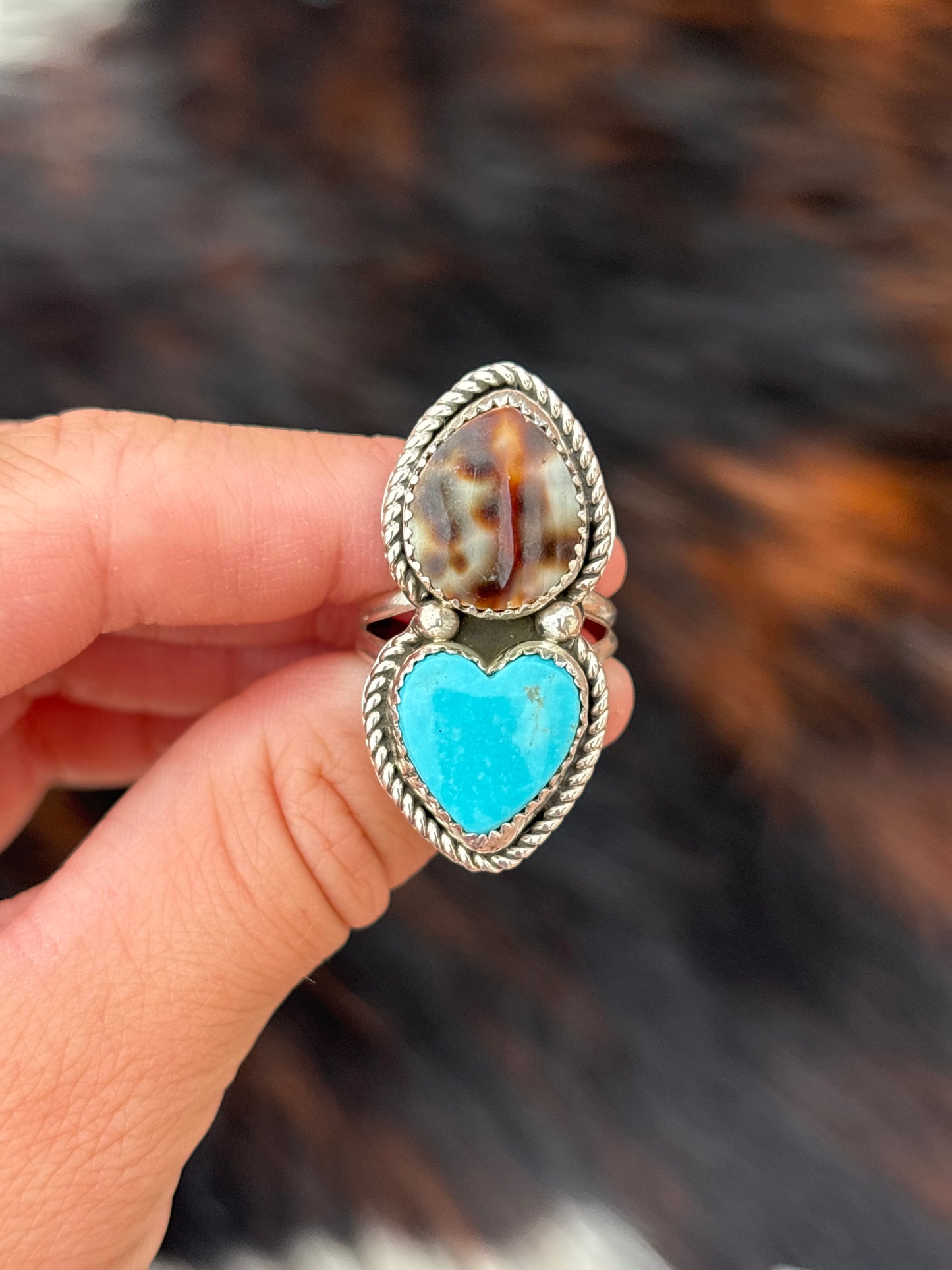 Native American, Hand-Made, Turquoise, Cowrie & Sterling Silver  Ring