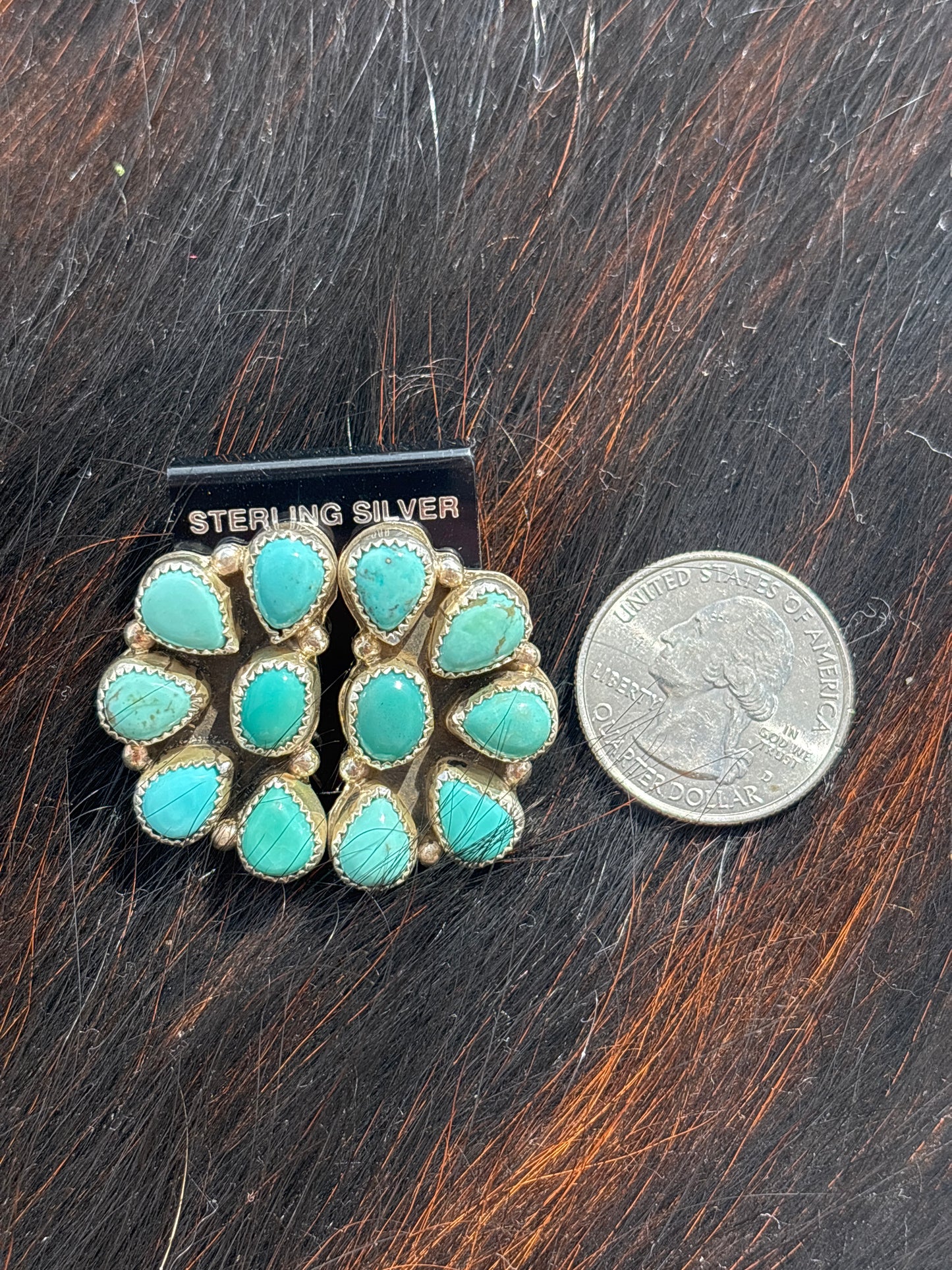 Native Made, Turquoise & Sterling Silver Cluster Earrings