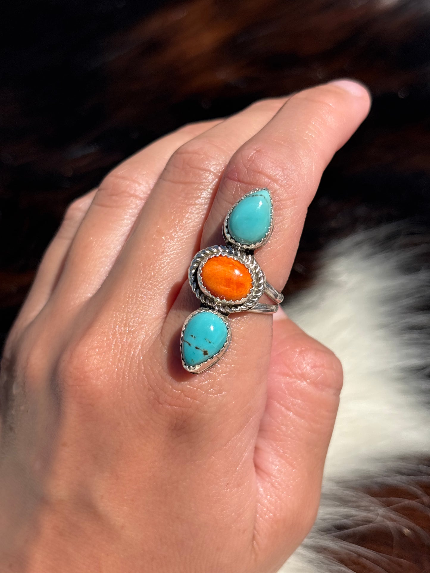 Native American, Hand-Made, Turquoise, Spiny Oyster & Sterling Silver Ring
