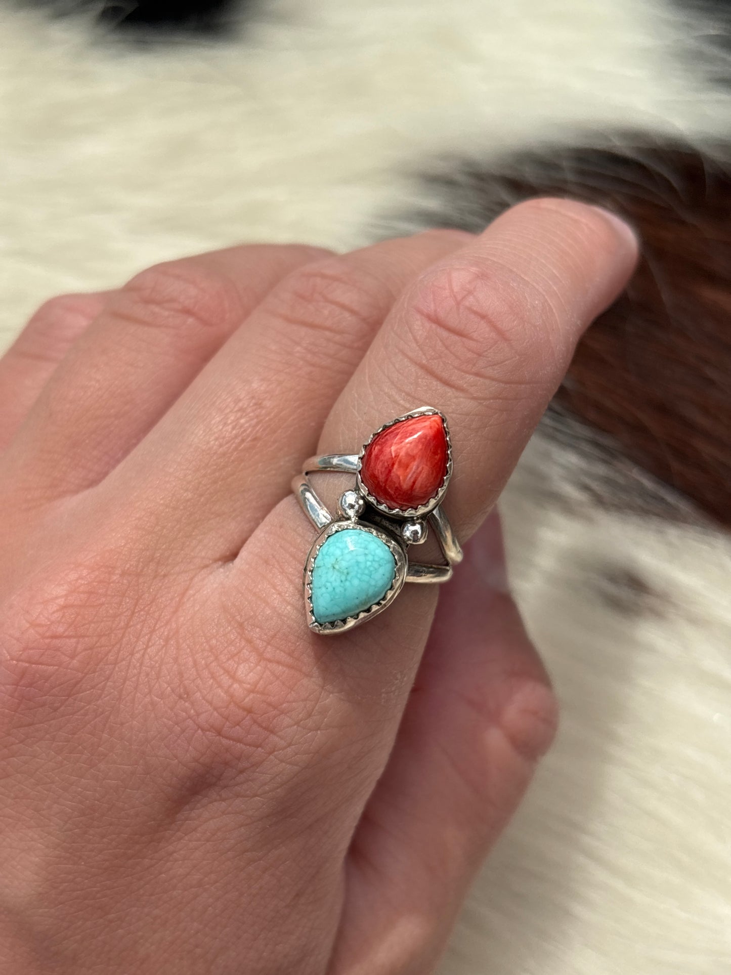 Native American, Hand-Made, Turquoise, Spiny Oyster & Sterling Silver Ring