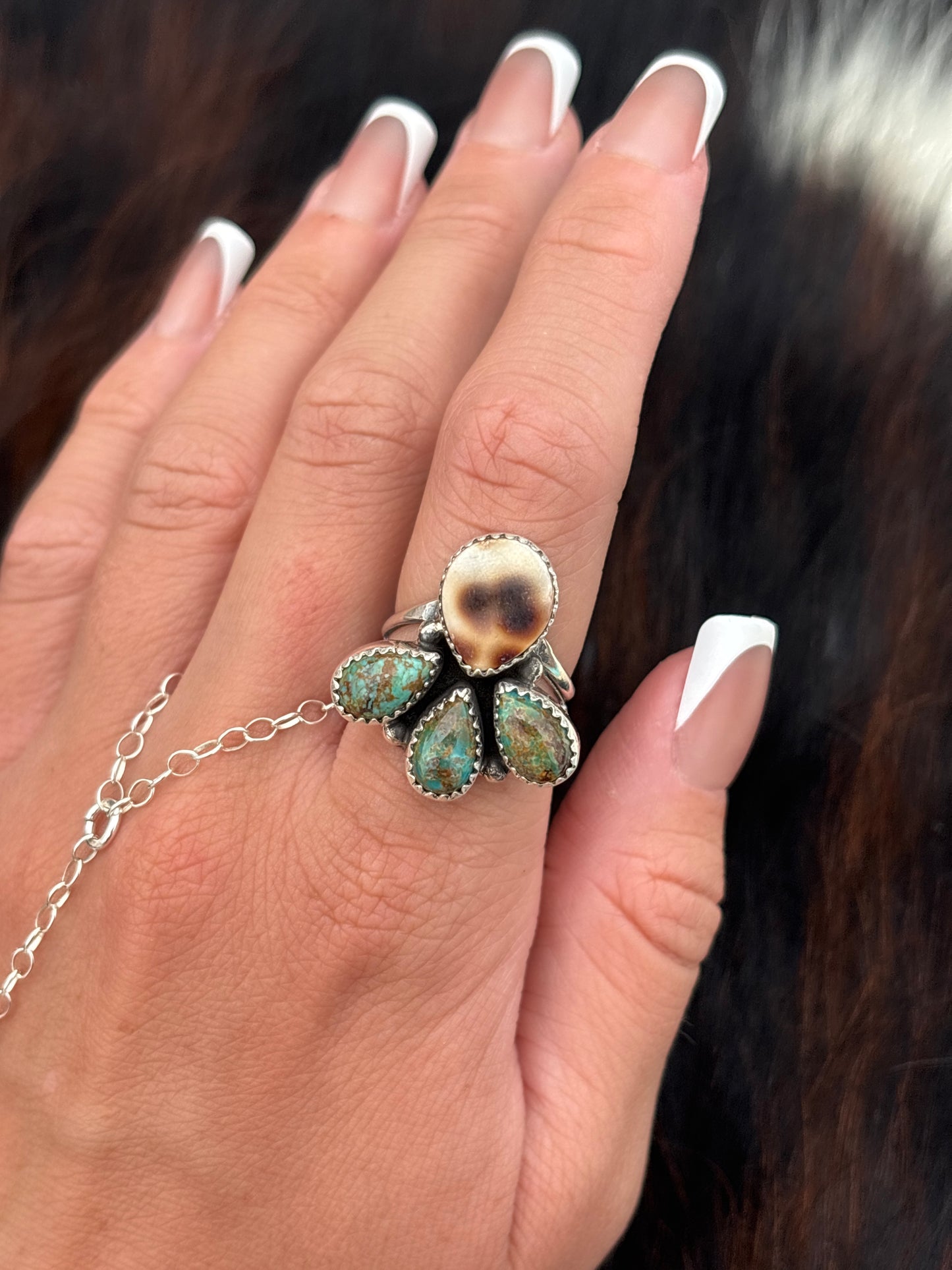 Native American, Hand-Made, Turquoise, Cowrie & Sterling Silver  Ring