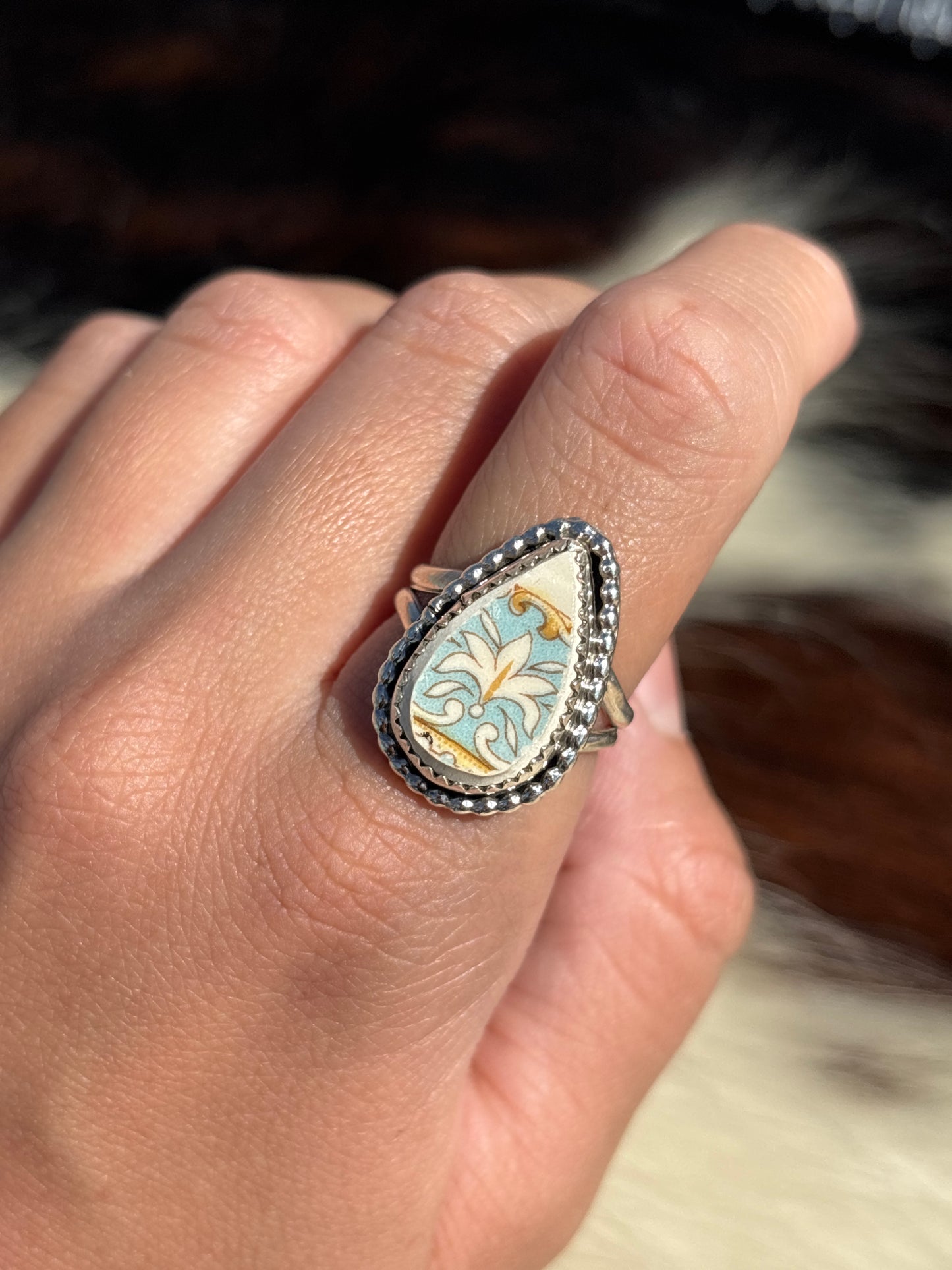 Native American, Hand-Made, Porcelain & Sterling Silver Ring