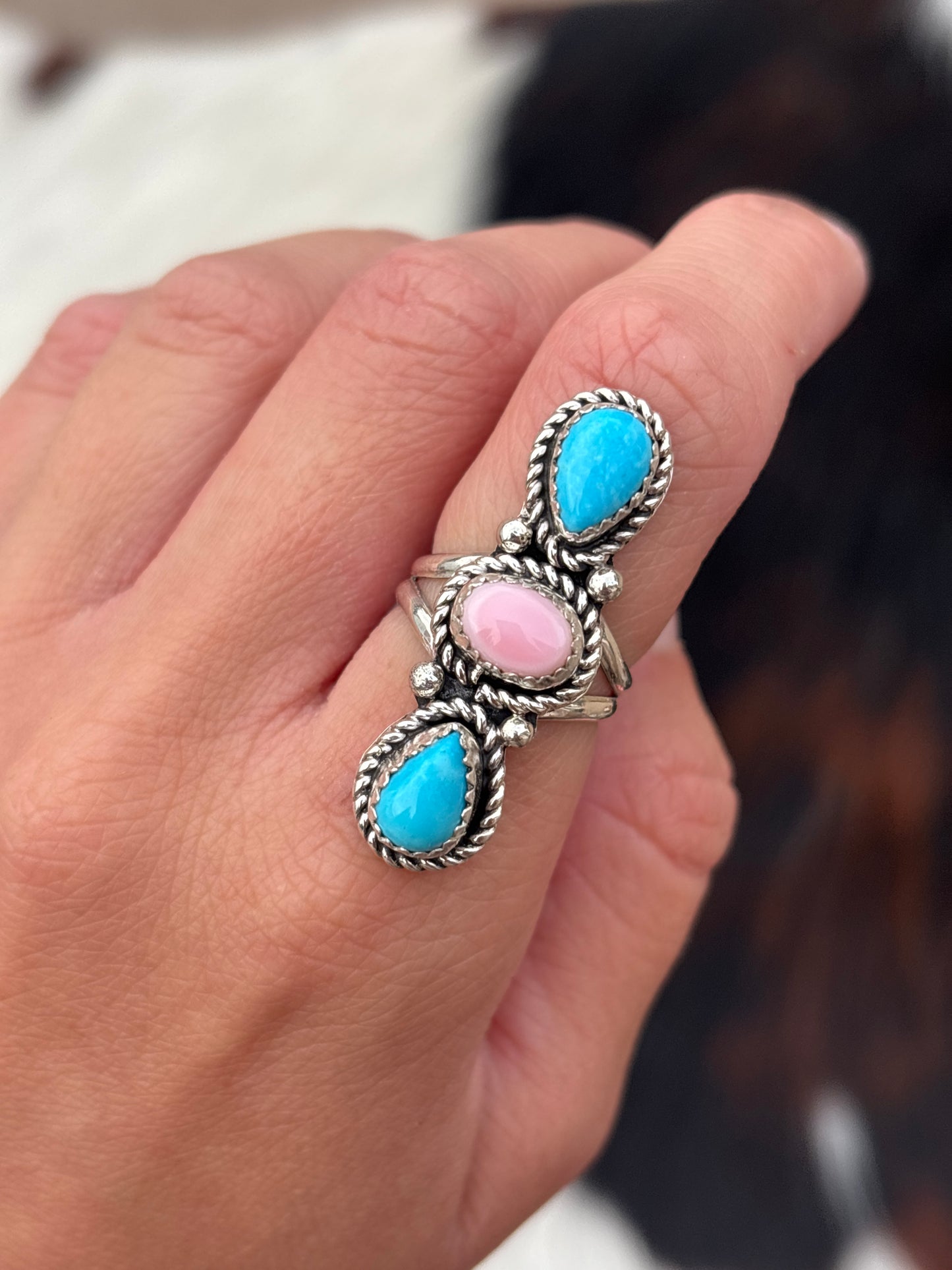 Native American, Hand-Made, Sleeping Beauty Turquoise, Pink Conch & Sterling Silver Ring