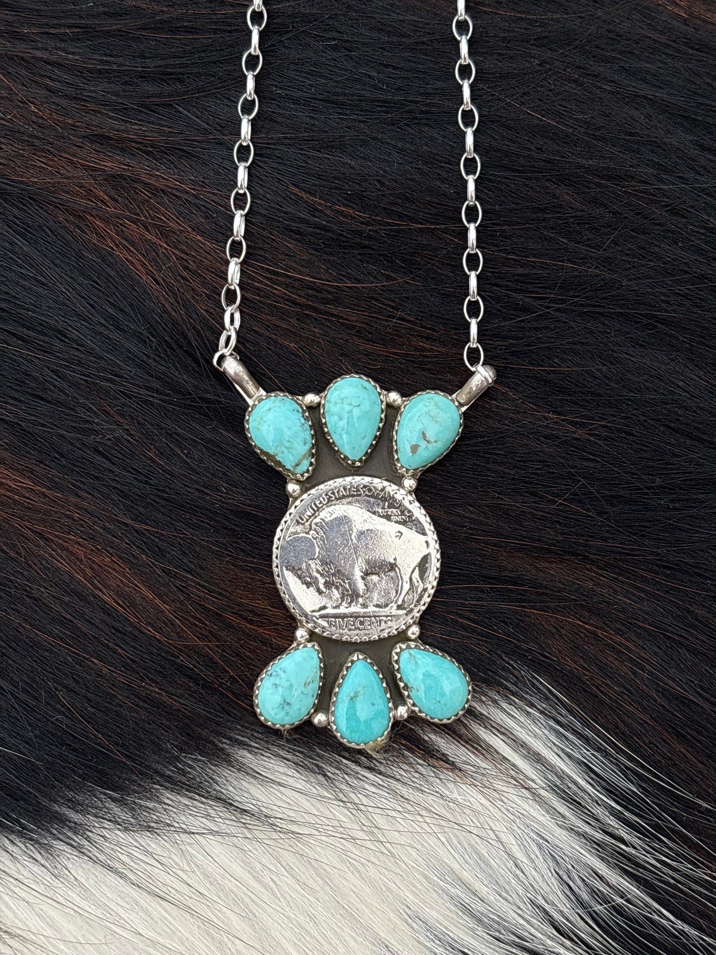 Native American, Hand-Made, Buffalo Nickel, Turquoise & Sterling Silver Necklace