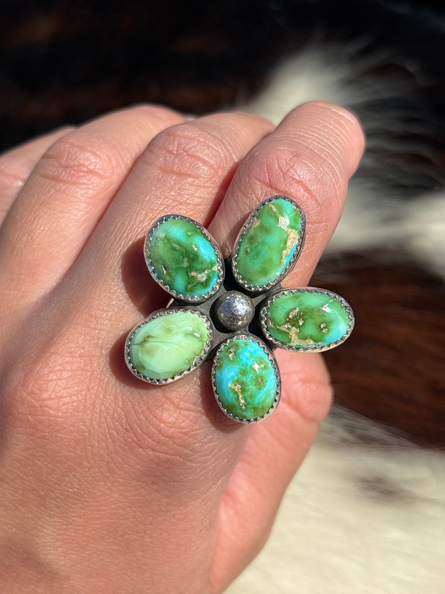 Native American, Hand-Made, Sierra Bella Turquoise & Sterling Silver Flower Ring