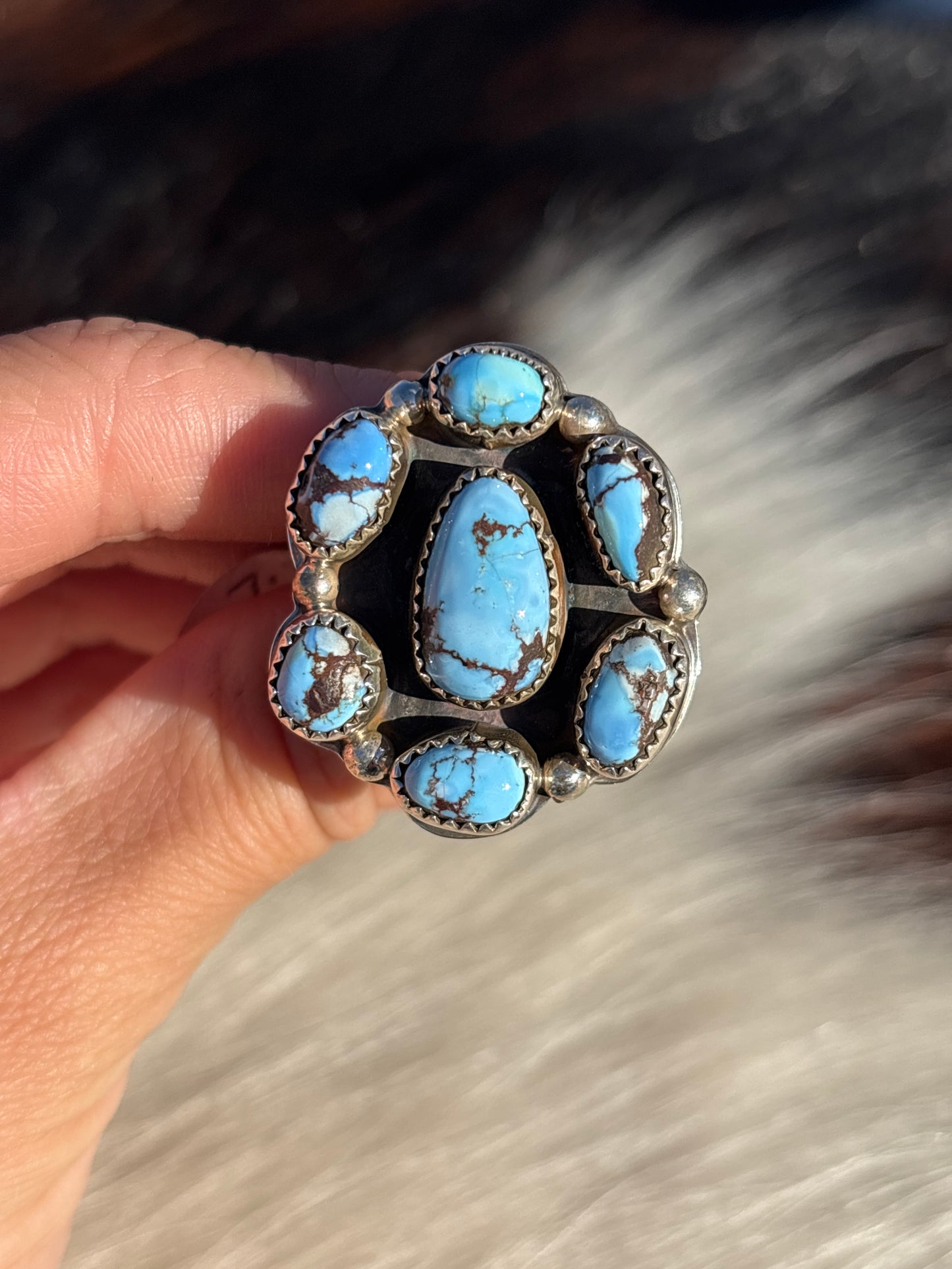 Native American, Hand-Made, Golden Hills Turquoise & Sterling Silver Cluster Ring