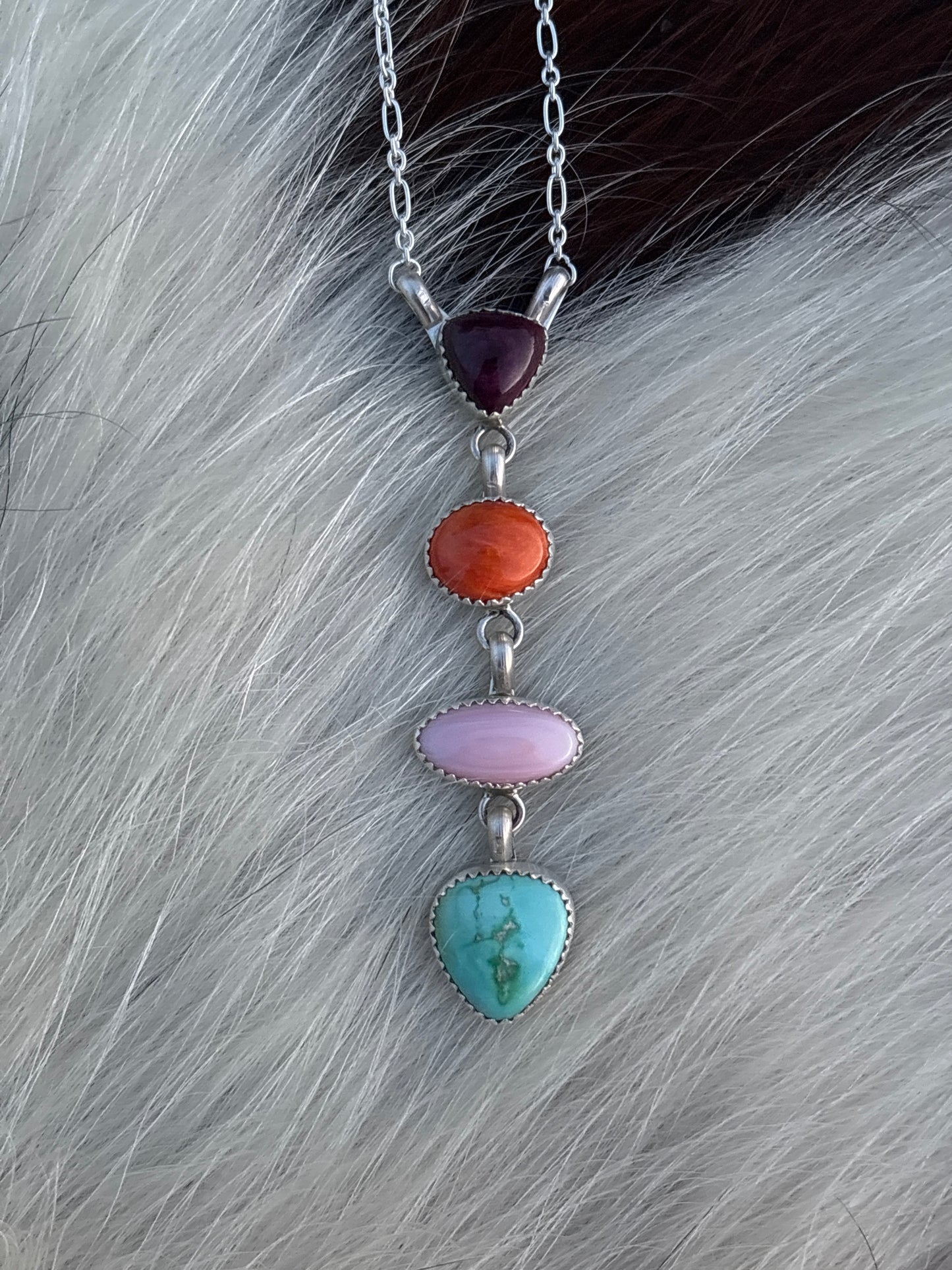 Native American, Hand-Made, Multi-stone& Sterling Silver Necklace