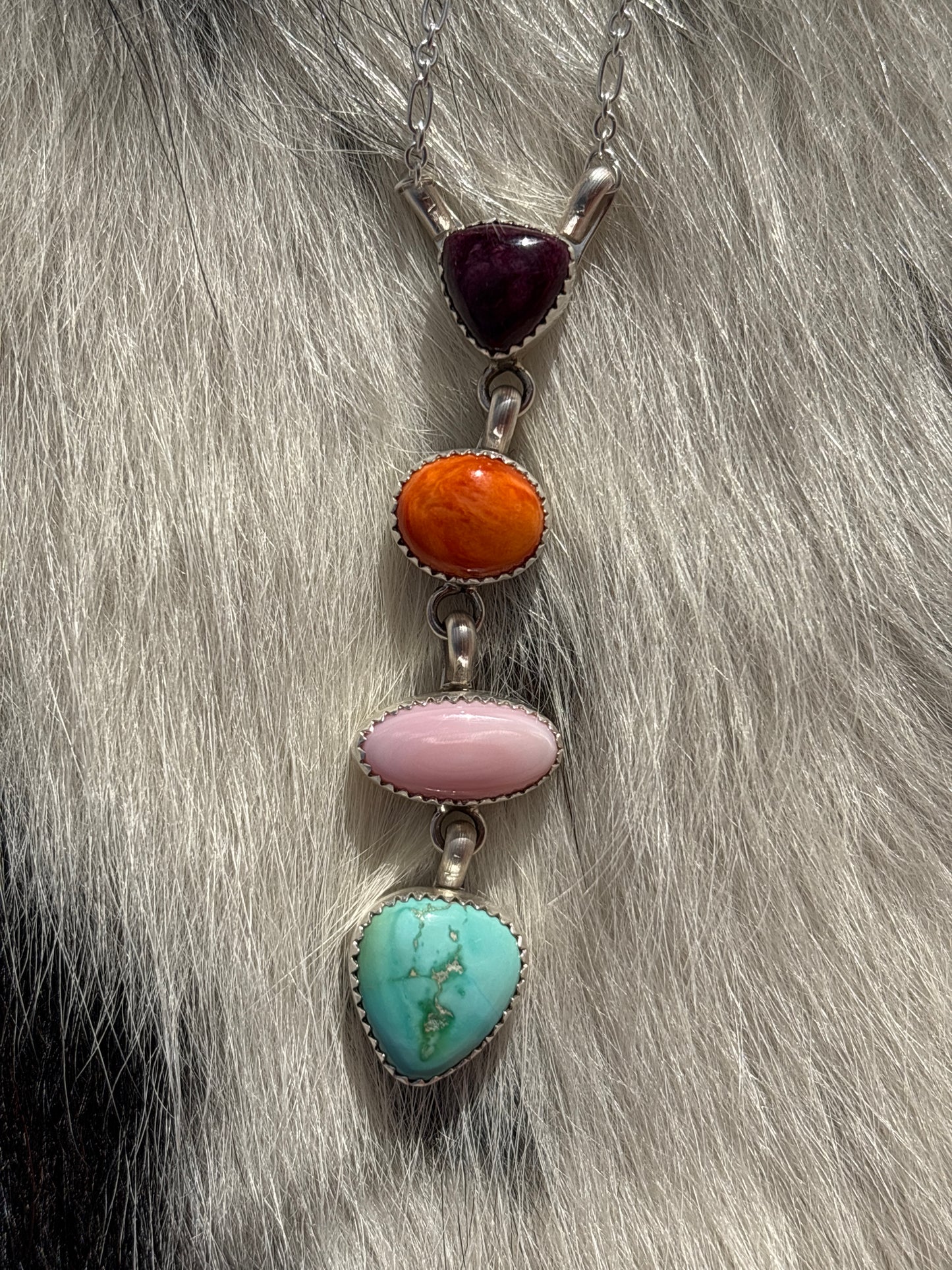Native American, Hand-Made, Multi-stone& Sterling Silver Necklace