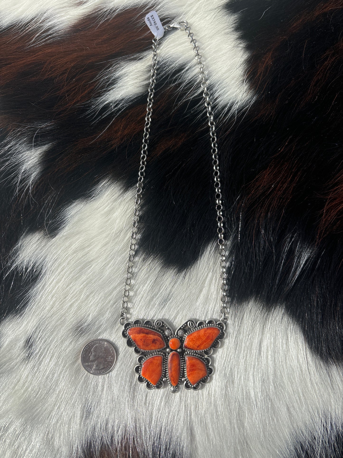 Native American, Hand-Made, Spiny Oyster & Sterling Silver Butterfly Necklace