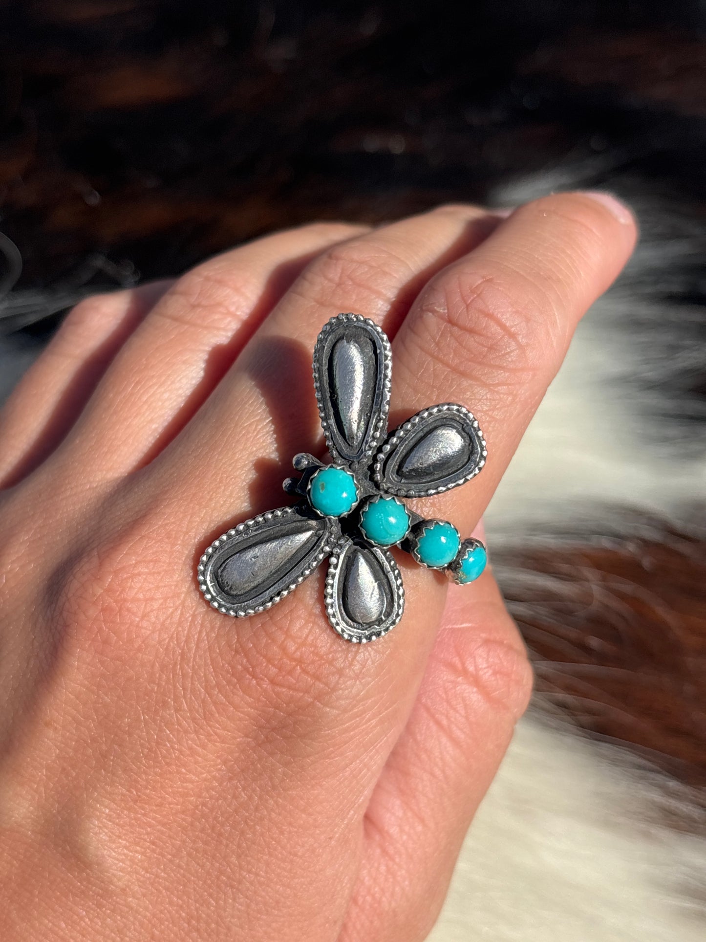 Native American, Hand-Made, Turquoise & Sterling Silver Dragonfly Adjustable Ring