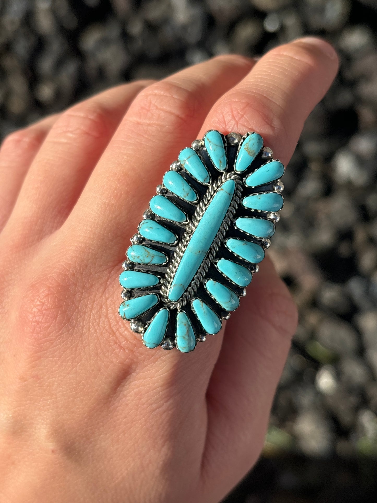 Native American, Hand-Made, Turquoise & Sterling Silver Cluster Ring