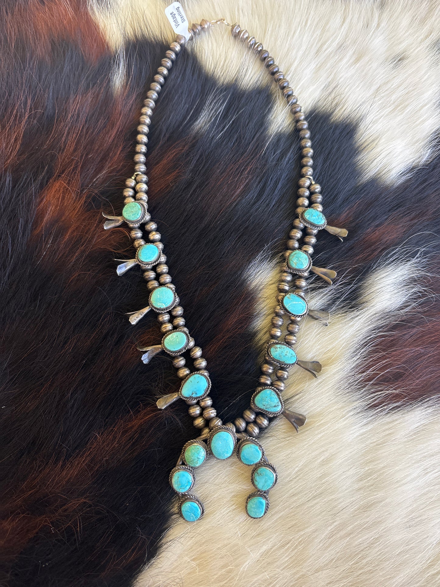 Native American, Handmade, Vintage Turquoise Squash Blossom Necklace