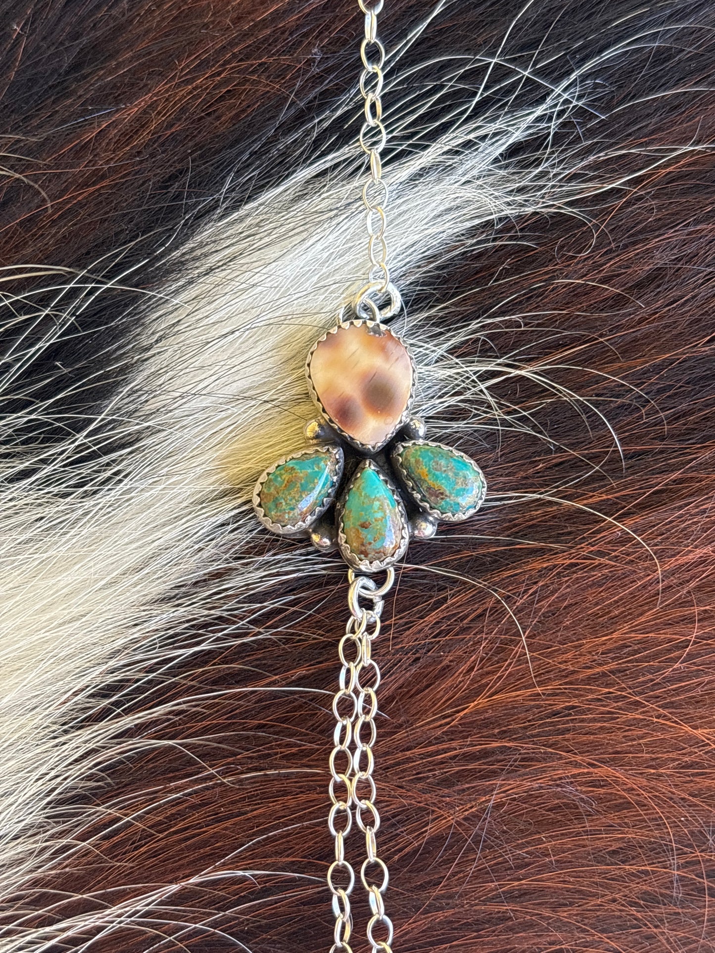 Native American, Handmade, Turquoise, Cowrie & Sterling Silver Hand Chain