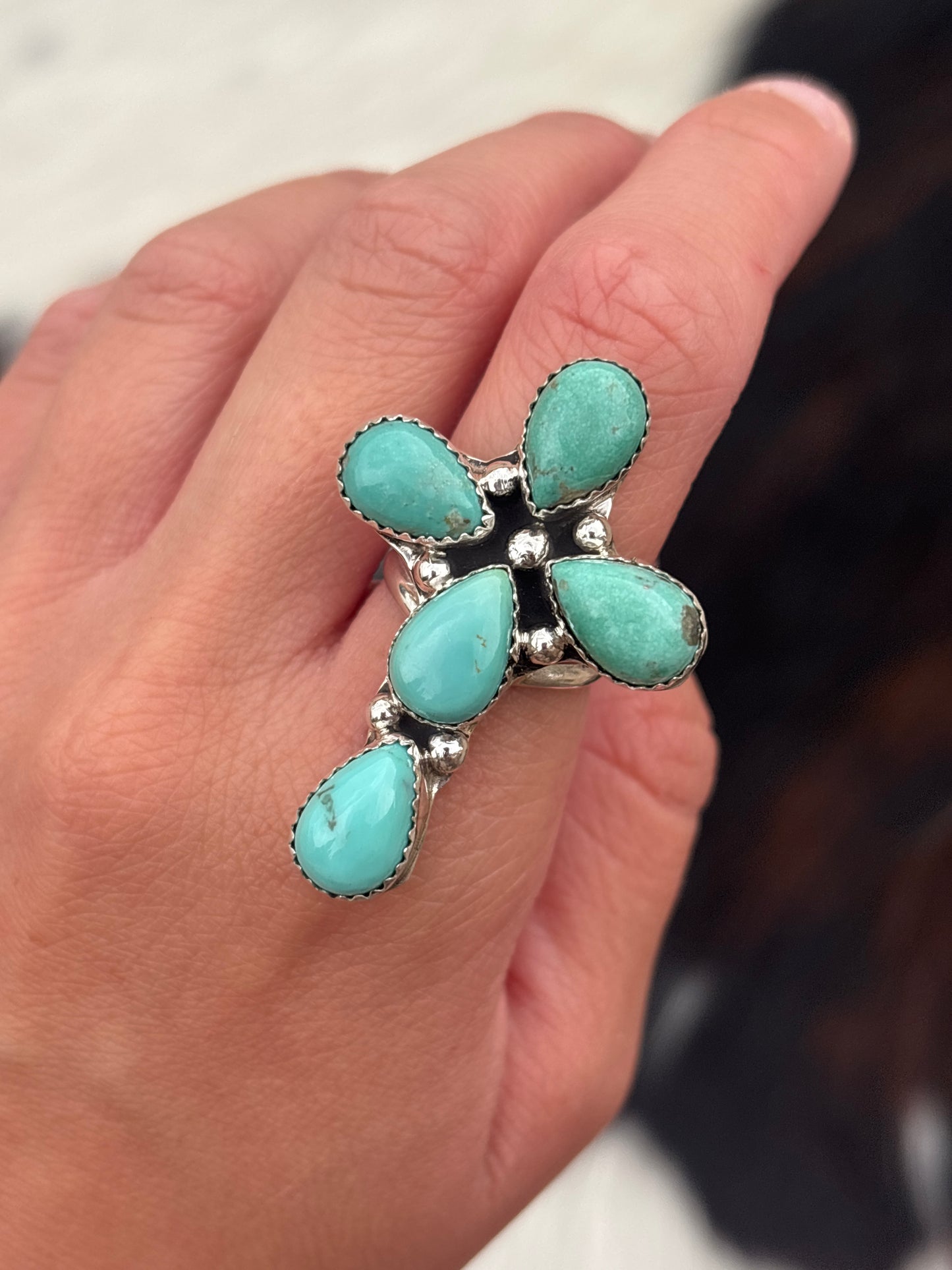 Native American, Hand-Made, Turquoise & Sterling Silver Cross Ring