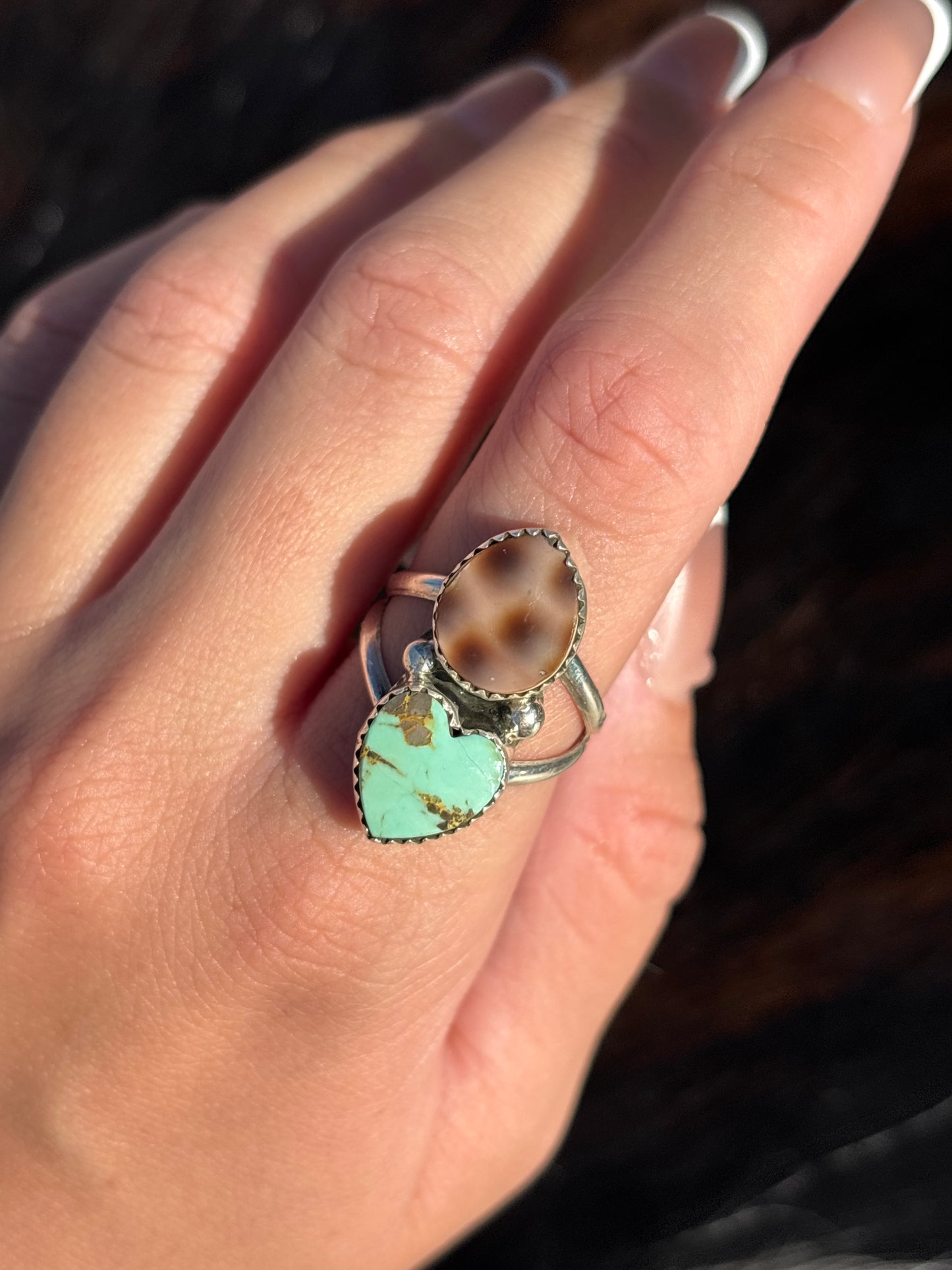 Native American, Hand-Made, Turquoise, Cowrie & Sterling Silver  Ring