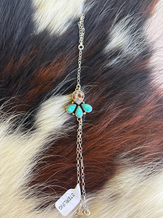 Native American, Handmade, Turquoise, Cowrie & Sterling Silver Hand Chain