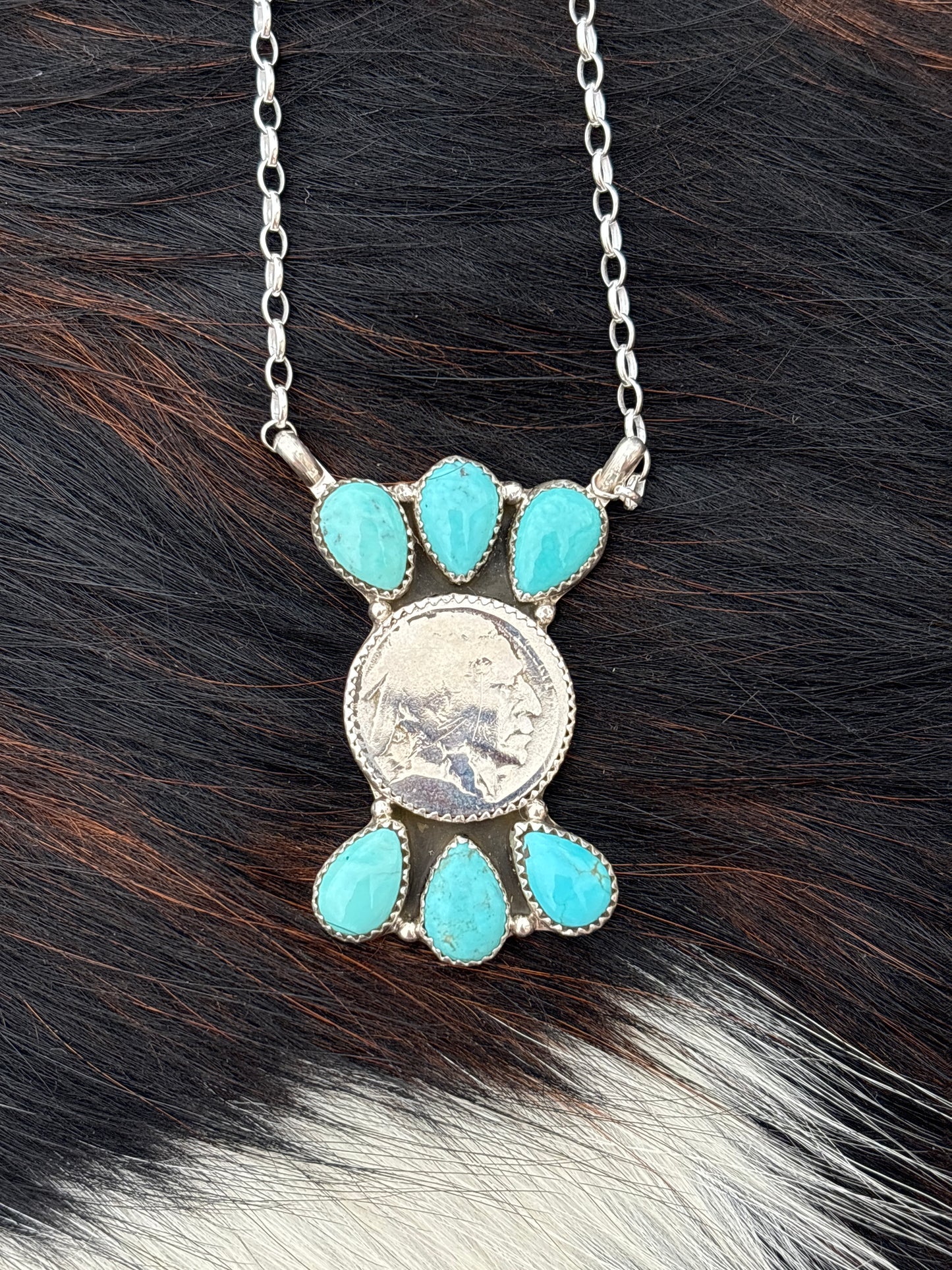 Native American, Hand-Made, Buffalo Nickel, Turquoise & Sterling Silver Necklace