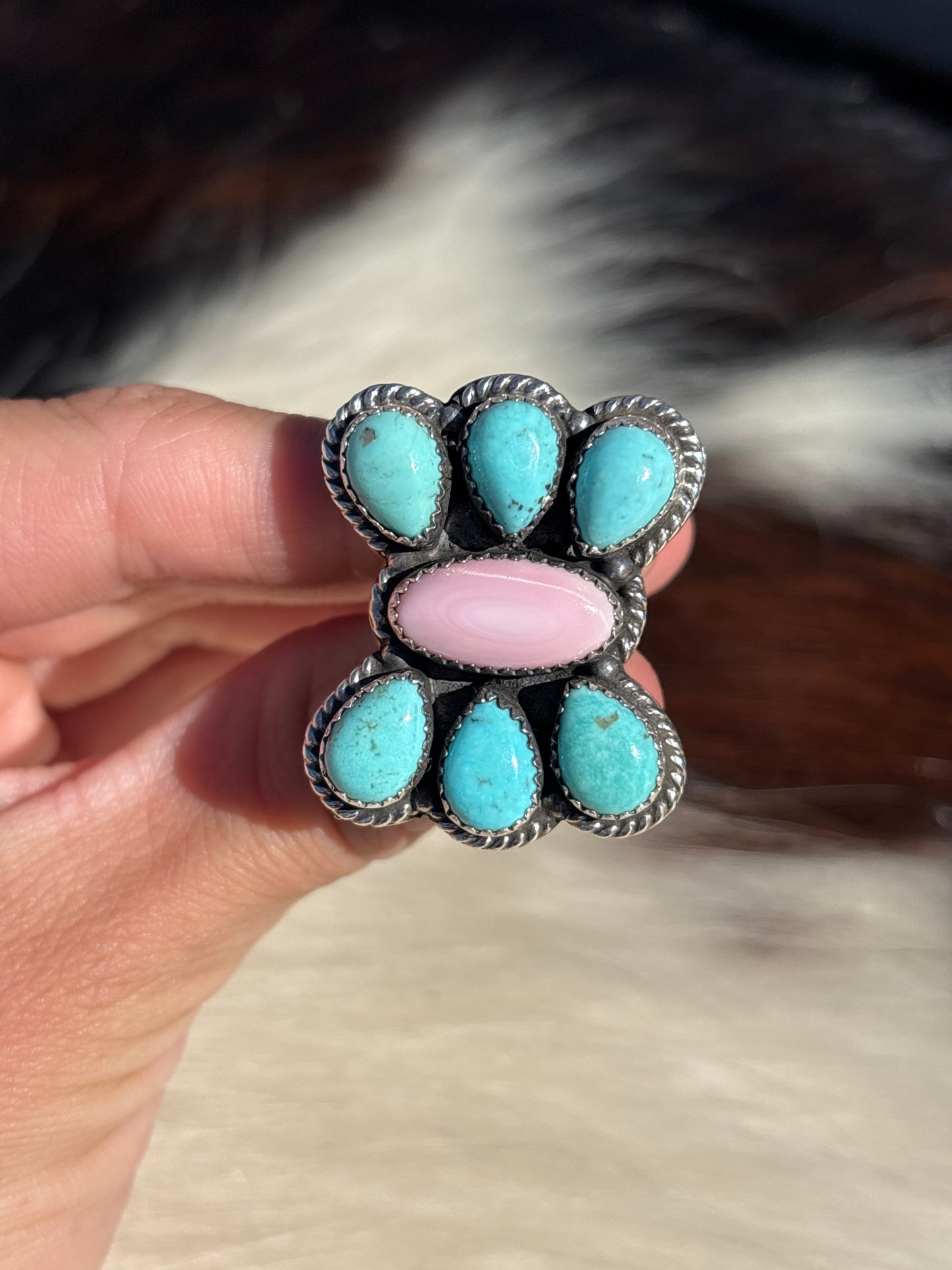 Native American, Hand-Made, Turquoise, Pink Conch & Sterling Silver Ring