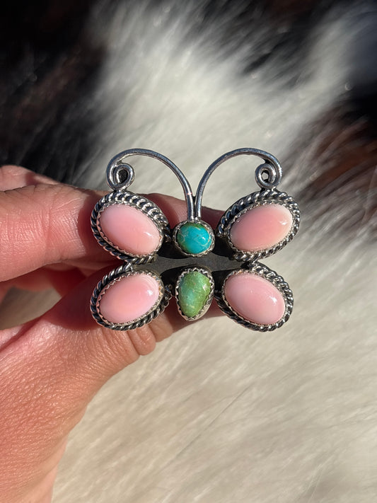 Native American, Hand-Made, Pink Conch, Turquoise & Sterling Silver Butterfly Ring