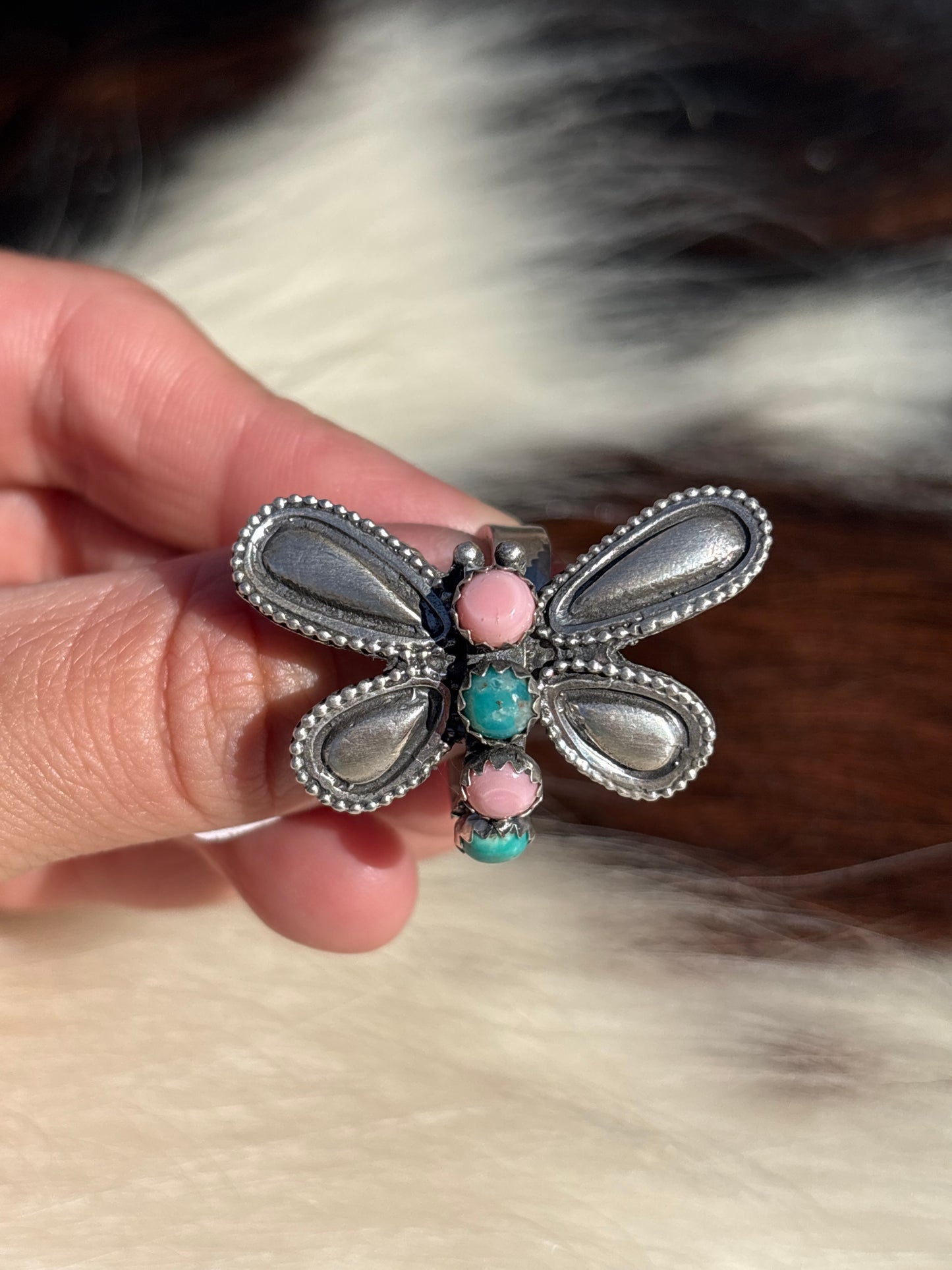 Native American, Hand-Made, Turquoise, Pink Conch & Sterling Silver Dragonfly Adjustable Ring