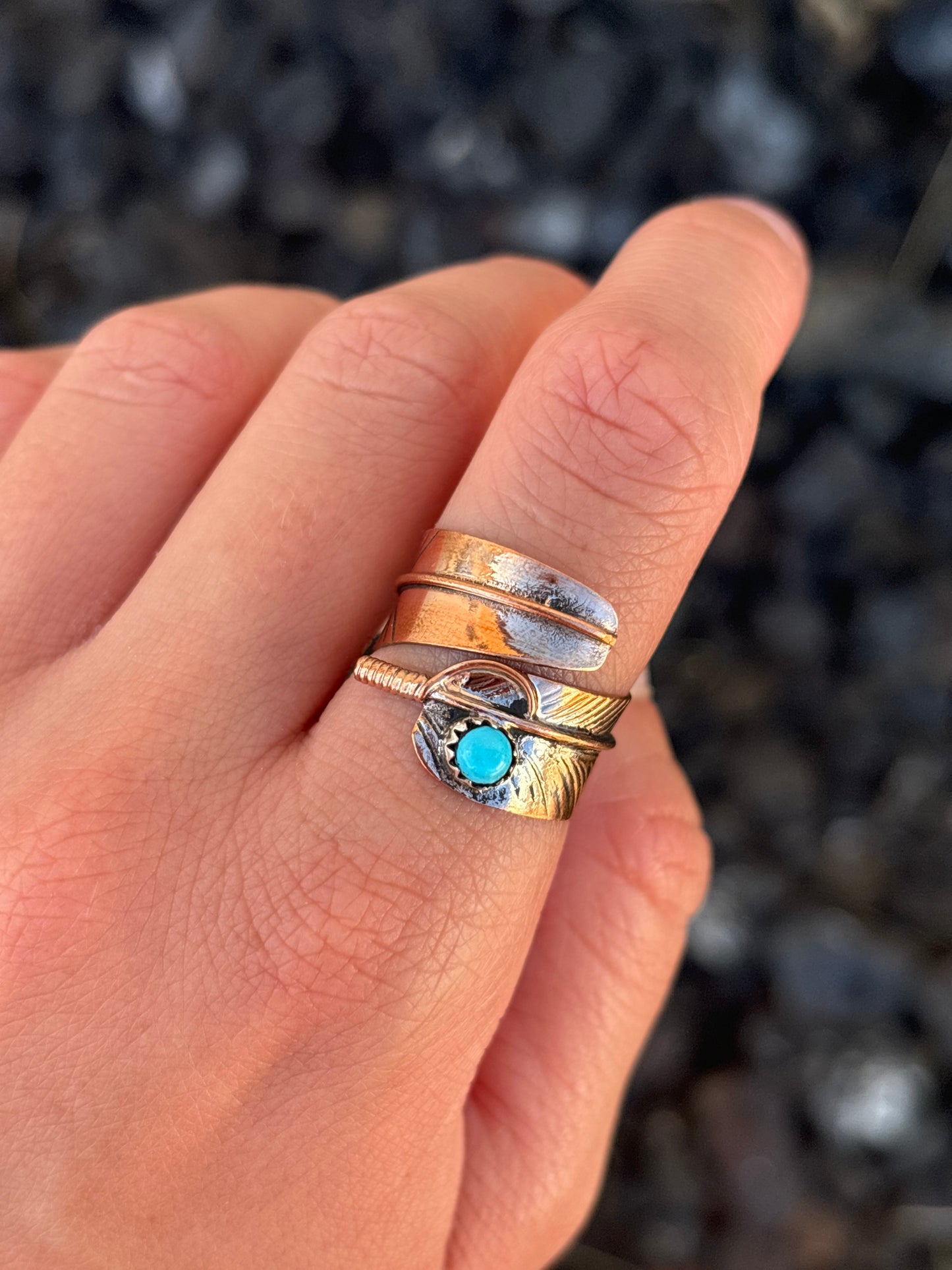 Native American, Hand-Made, Turquoise & Copper Feather Adjustable Ring