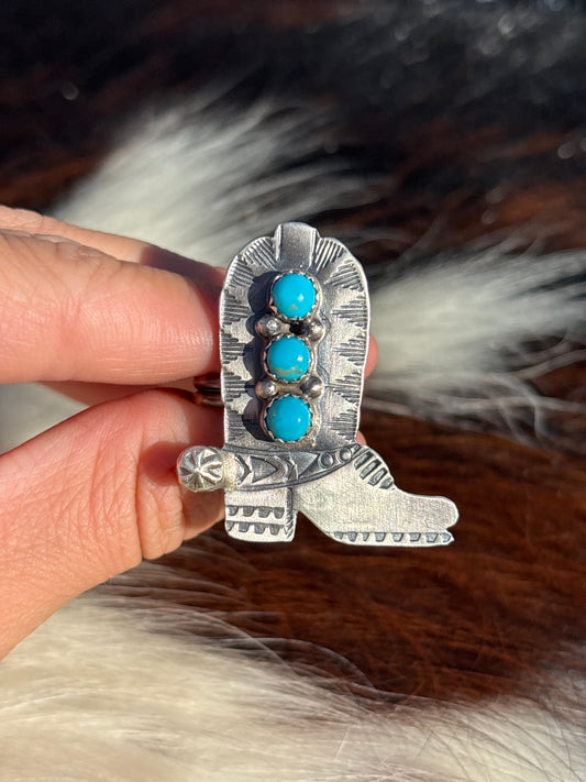 Native American, Hand-Made, Turquoise & Sterling Silver Adjustable Boot Ring
