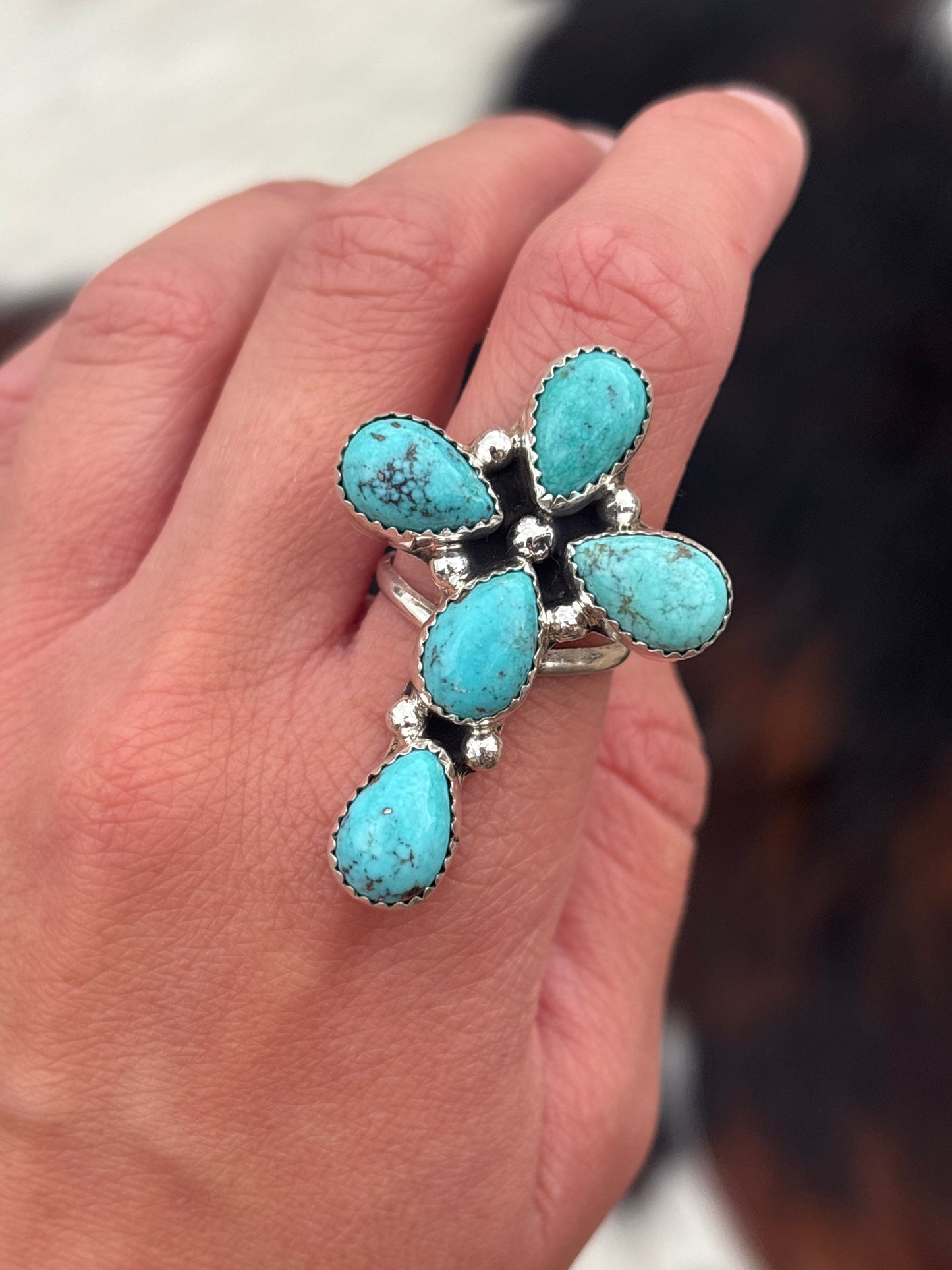 Native American, Hand-Made, Turquoise & Sterling Silver Cross Ring