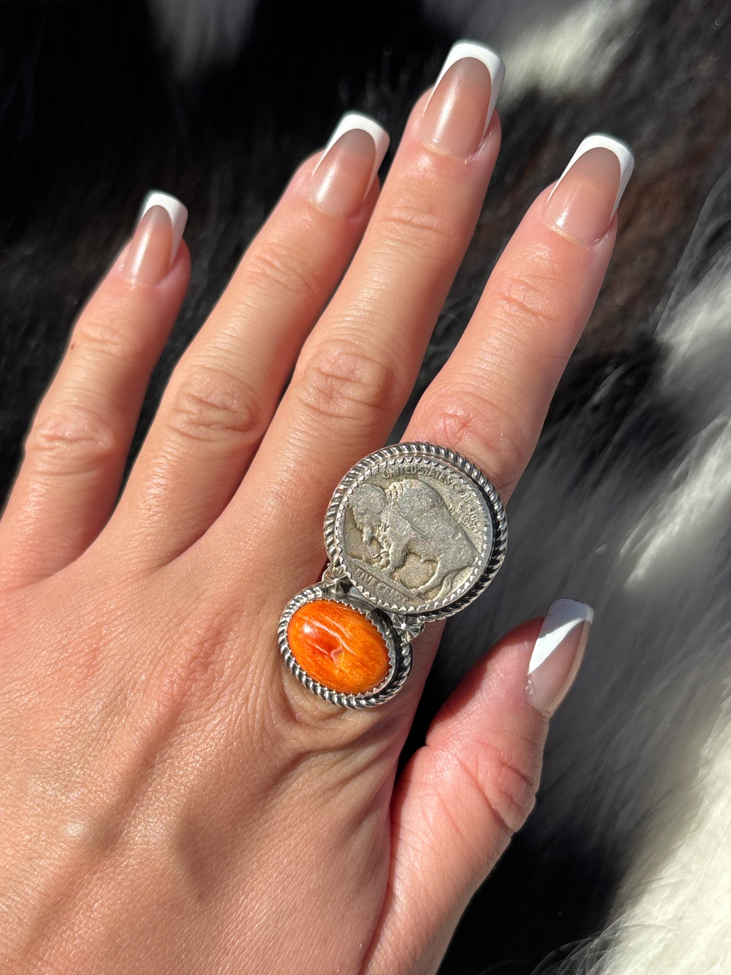Native American, Hand-Made, Spiny Oyster, Buffalo Nickel & Sterling Silver Ring