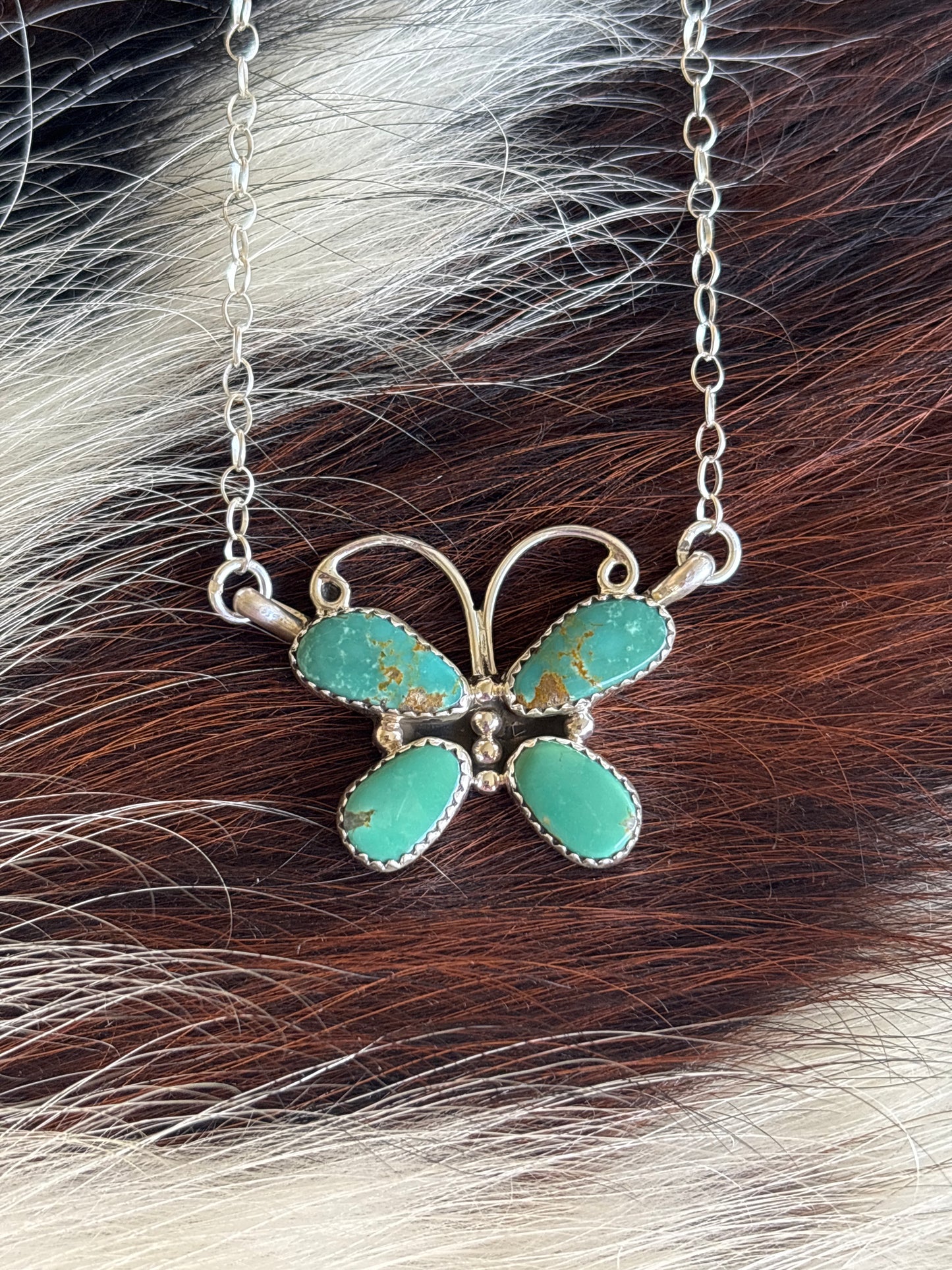 Native American, Hand-Made, Turquoise & Sterling Silver Butterfly Necklace