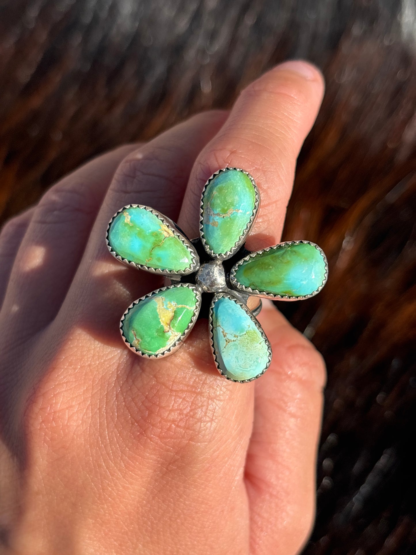 Native American, Hand-Made, Sierra Bella Turquoise & Sterling Silver Flower Ring