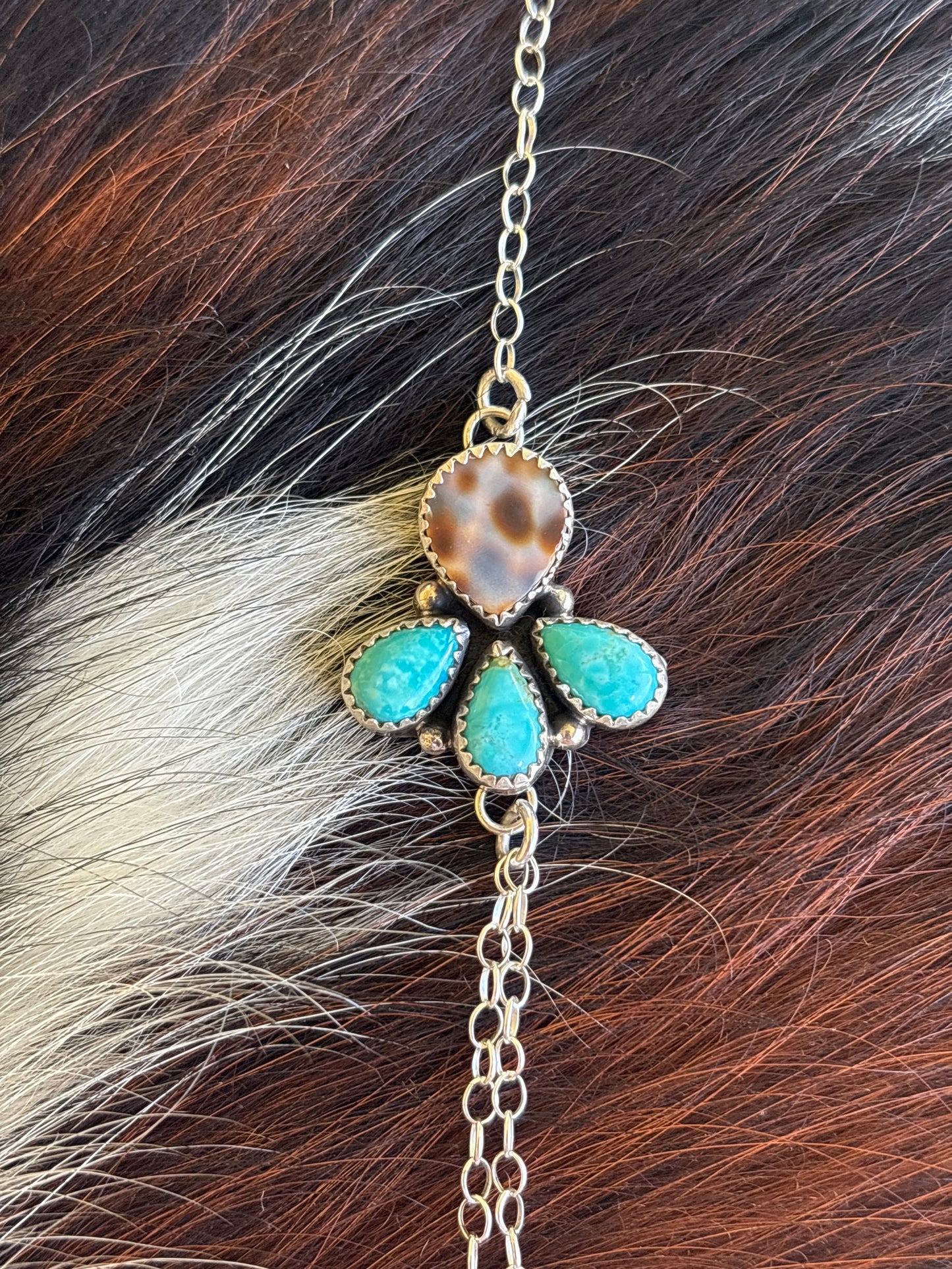 Native American, Handmade, Turquoise, Cowrie & Sterling Silver Hand Chain