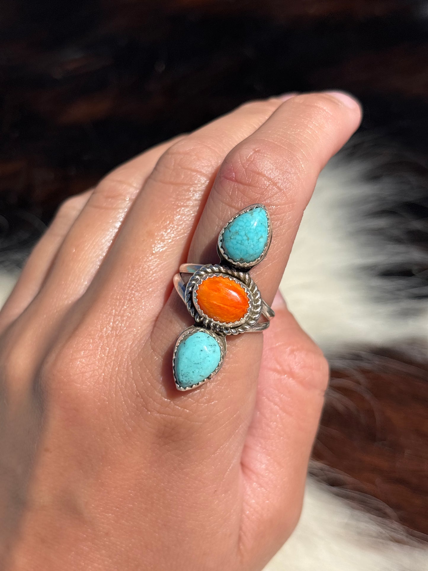 Native American, Hand-Made, Turquoise, Spiny Oyster & Sterling Silver Ring