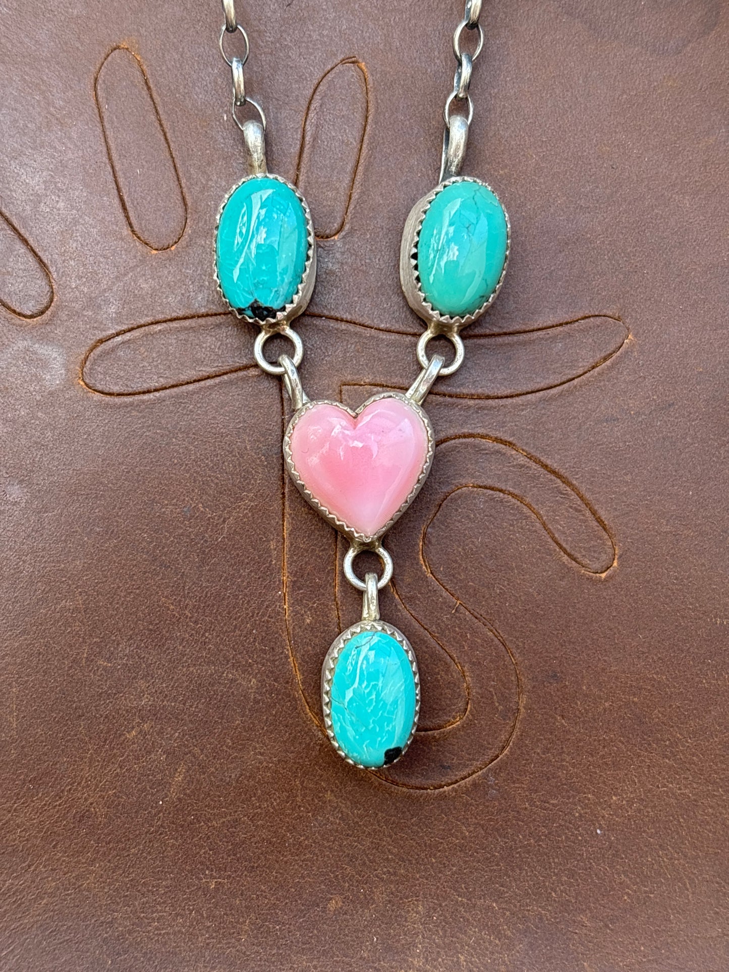 Native American, Hand-Made, Turquoise, Pink Conch, & Sterling Silver Lariat Necklace