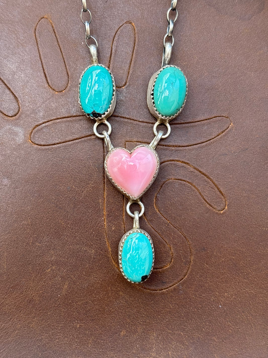 Native American, Hand-Made, Turquoise, Pink Conch, & Sterling Silver Lariat Necklace