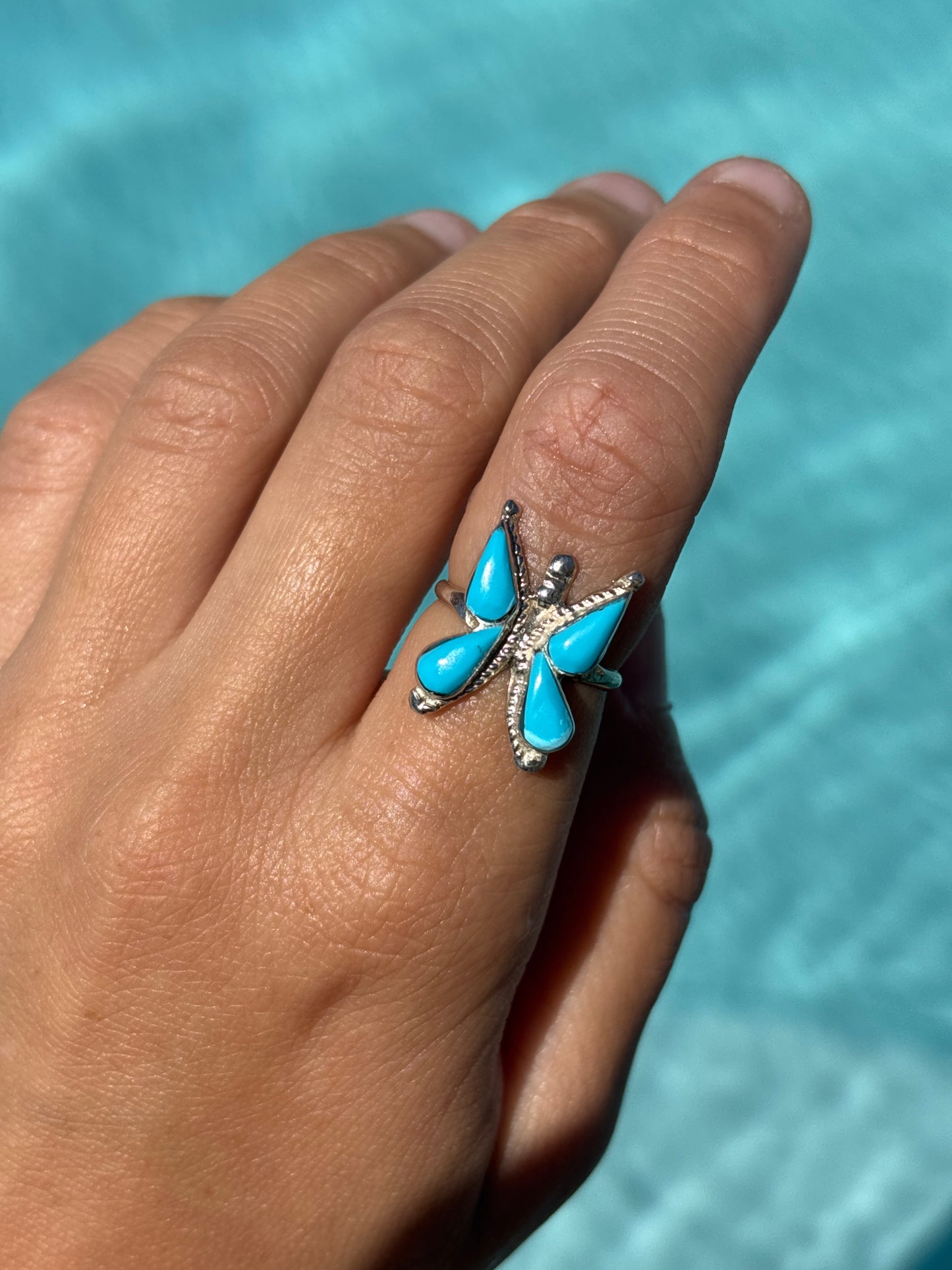 Native American, Hand-Made, Turquoise & Sterling Silver Butterfly Ring